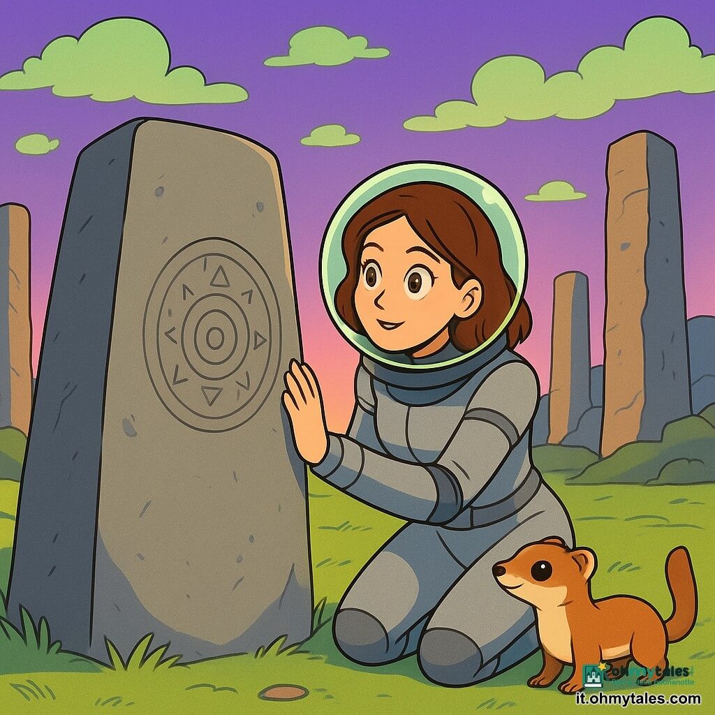 Una donna di nome Ada, sulla trentina, con capelli castani e occhi pieni di curiosità, indossa una tuta spaziale grigia e un filtro atmosferico verde chiaro sul viso. Si trova davanti a un enorme monolite di pietra liscia, con le mani appoggiate sulla superficie, lo sguardo meravigliato e determinato. Vicino a lei, un piccolo animale a sei zampe, simile a un furetto, la osserva curiosamente, con occhi brillanti e un pelo morbido e setoso. Il paesaggio è una radura su Dymos, con un cielo viola e nuvole verdi fluttuanti, circondata da colonne di pietra che si ergono maestose, creando un'atmosfera misteriosa e magica. La scena mostra Ada mentre esplora i cerchi di pietra, affascinata dai simboli geometrici incisi, mentre una dolce luce dorata del sole di Dymos illumina la scena, aggiungendo un tocco di calore all'ambiente extraterrestre.