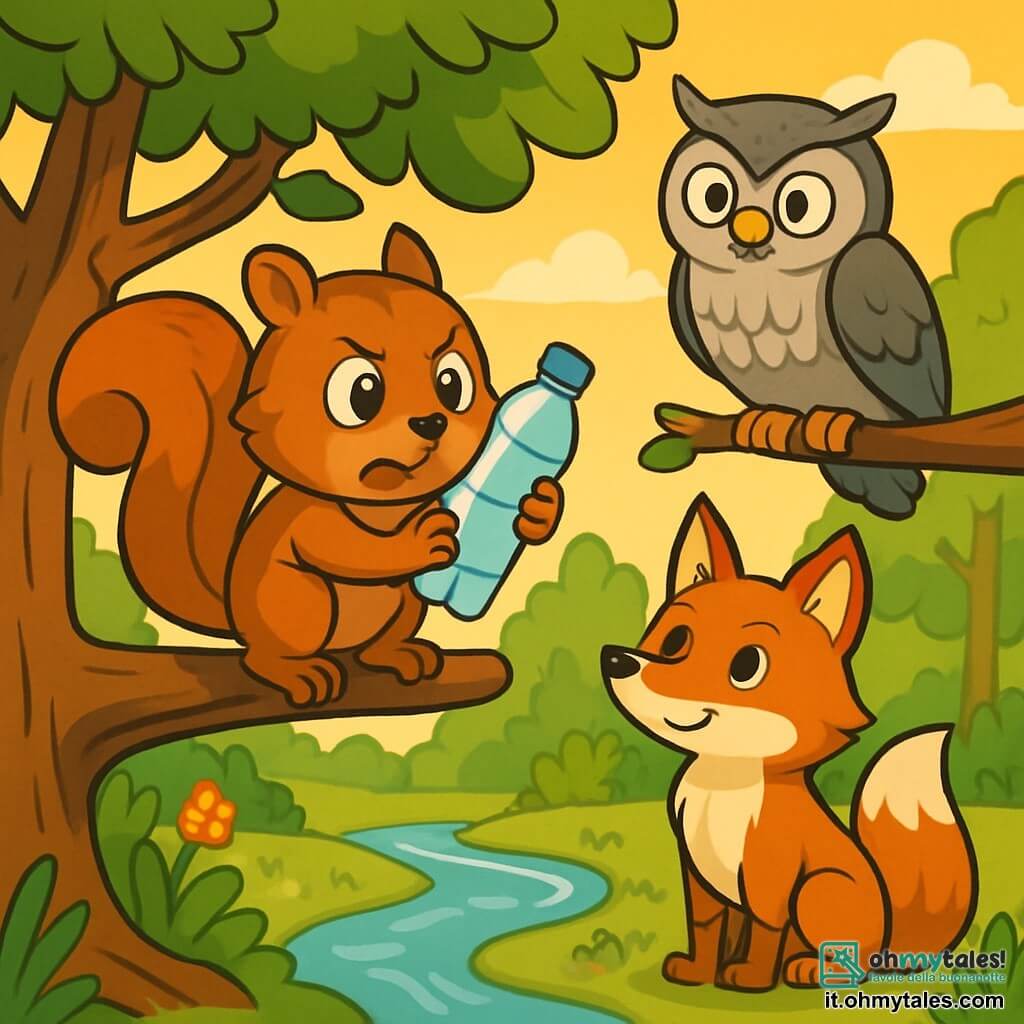 Un piccolo scoiattolo di nome Nocciolino, con occhi brillanti di curiosità e pelliccia marrone, si trova su un ramo di una grande quercia, tenendo una bottiglia di plastica tra le piccole zampe. Ha un'espressione determinata e preoccupata, pronto ad agire per salvare il suo habitat. Nelle vicinanze, un saggio gufo dalle piume grigie e occhi rotondi, Gufoletto, osserva la scena con aria seria, pronto a dare consigli. Una volpe astuta, Fiorella, con un pelo rosso brillante, si trova a terra, guardando Nocciolino con ammirazione, il suo volto pieno di incoraggiamento. Il luogo è una foresta verdeggiante, illuminata da una luce dorata, con alberi maestosi, fiori colorati e un ruscello scintillante che serpeggia nel paesaggio. La situazione principale mostra Nocciolino che scopre la bottiglia di plastica in un laghetto nascosto, rendendosi conto dell'importanza di proteggere la natura e decidendo di prendere misure per pulire il suo ambiente.