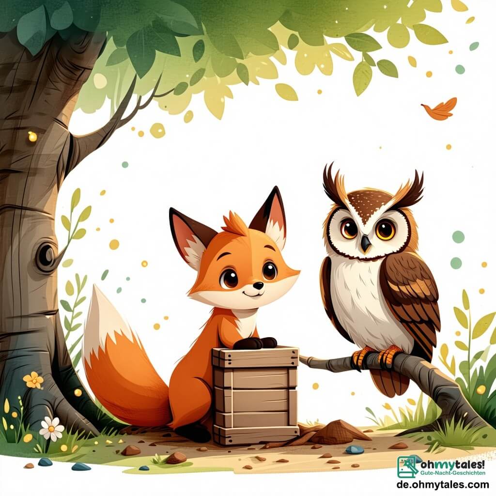 Luki, der kleine schlauer Fuchs, steht im Mittelpunkt des Bildes mit seinem leuchtend orangefarbenen Fell und neugierigen Augen. Er hockt sich mit seinen Vorderpfoten auf eine alte Holzkiste, die er gerade ausgegraben hat, und zeigt ein Gesicht voller Staunen und Aufregung. Neben ihm sitzt Emma, die weise Eule mit braunem und weißem Gefieder, auf einem Ast und beobachtet Luki aufmerksam mit einem intelligenten und ermutigenden Blick. Sie wirkt konzentriert und bereit, ihm beim Entschlüsseln des Geheimnisses zu helfen. Max, der fröhliche Hase mit großen Ohren und weißem Fell, steht direkt hinter Luki und hüpft ungeduldig mit einem breiten Lächeln, gespannt darauf, was sich in der Kiste verbirgt. Die Szenerie ist ein üppiger Garten mit bunten Blumen, großen grünen Bäumen und einem klaren blauen Himmel, der mit einigen flauschigen Wolken gesprenkelt ist. Am Boden sind frische Erdspuren rund um die Kiste zu sehen, was der Szene einen Hauch von Abenteuer verleiht. Die Hauptsituation zeigt Luki, Emma und Max bei ihrer Entdeckung, umgeben von der Schönheit der Natur, während sie die geheimnisvolle Kiste öffnen, voller Vorfreude auf die Geheimnisse, die sie birgt.