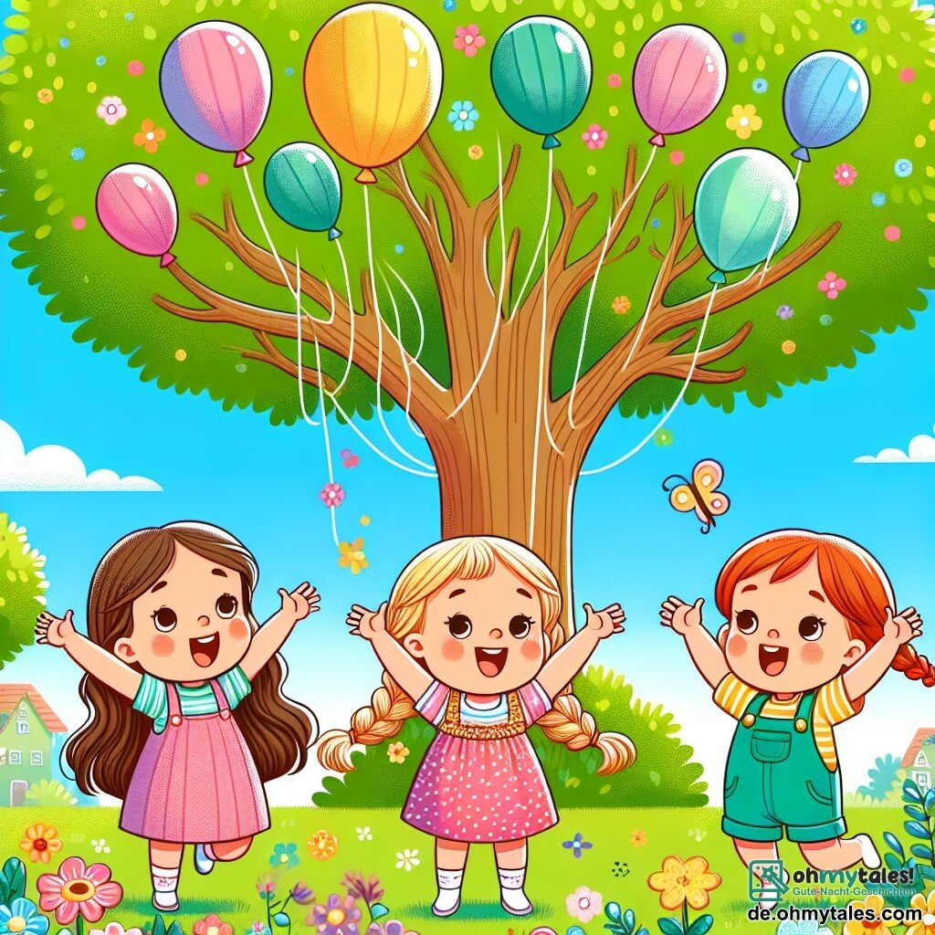 Drei kleine Mädchen, Mia, Leni und Emma, stehen in einem sonnigen Garten. Mia, 7 Jahre alt, hat lange braune Haare und trägt ein rosa gepunktetes Kleid. Sie steht links mit erhobenen Armen vor Aufregung. Leni, ebenfalls 7 Jahre alt, hat blonde geflochtene Haare und trägt ein gelbes T-Shirt mit blauen Shorts. Sie steht in der Mitte und zeigt auf einen großen Baum. Emma, die Kleinste mit 6 Jahren, hat rote Haare und trägt eine grüne Latzhose. Sie steht rechts, springt mit einem großen Lächeln und hält einen bunten Regenschirm. Der Garten ist mit bunten Blumen gefüllt, und ein großer Baum steht in der Mitte, dessen Äste hoch in den blauen Himmel ragen. Ein bunter Ballon ist in den Ästen stecken geblieben und schwebt sanft im Wind. Die Mädchen versuchen, den Ballon aus dem Baum zu holen, indem sie auf den Schultern der anderen stehen, haben aber Schwierigkeiten, das Gleichgewicht zu halten, was sie zum Lachen bringt.