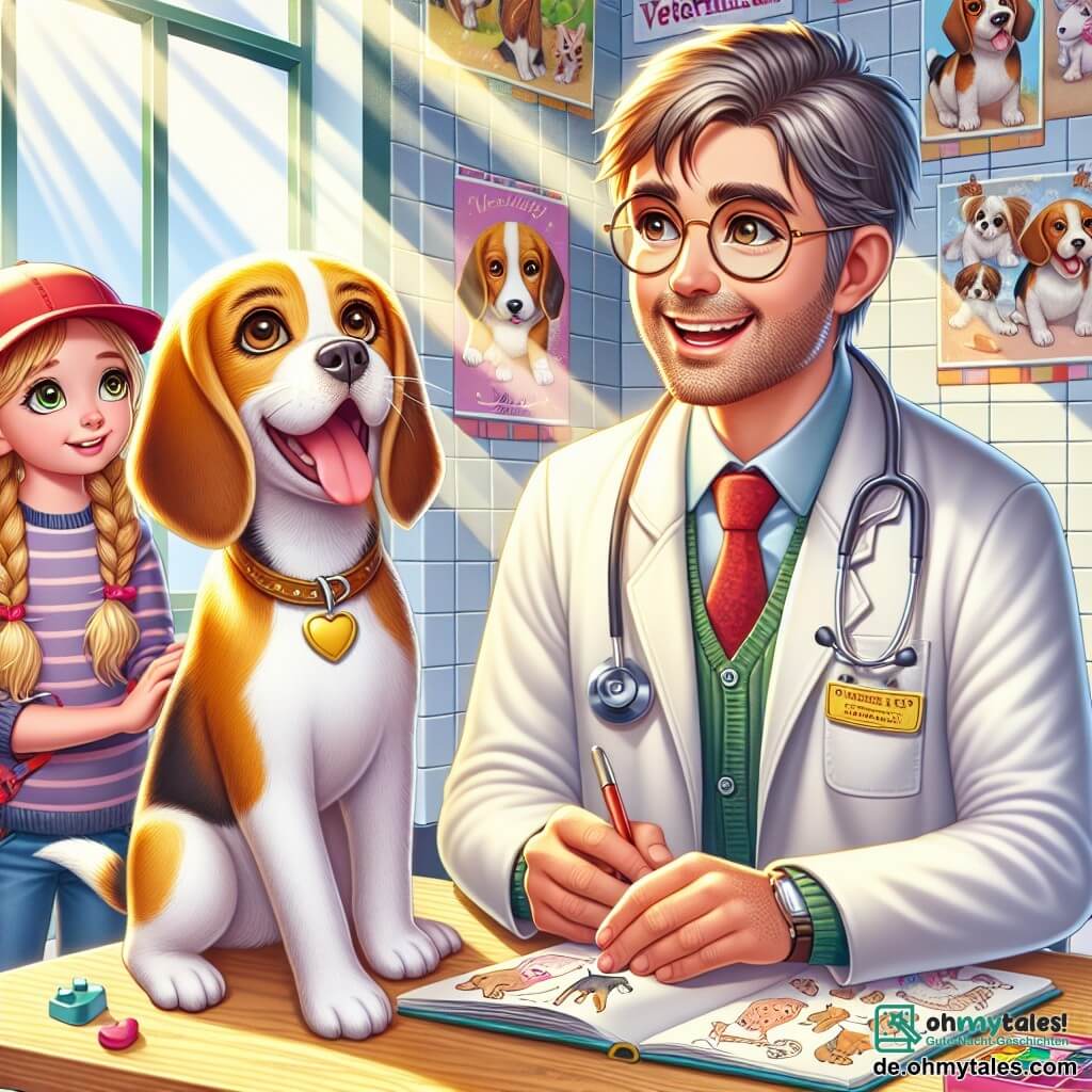 Im Zentrum des Bildes steht Dr. Felix, ein Mann in den Vierzigern mit leicht grauen braunen Haaren und runden Brillen. Er trägt einen weißen Tierarzthat und lächelt freundlich, während er einen kleinen Beagle namens Bella untersucht, der begeistert mit dem Schwanz wedelt. Neben ihm schaut Mia, ein 10-jähriges Mädchen mit langen blonden Zöpfen, fasziniert mit neugierigen Augen zu. Sie hält ein kleines Skizzenbuch in den Händen, bereit, das Gesehene zu zeichnen. Etwas weiter entfernt beobachtet Tim, ein 9-jähriger Junge mit einer roten Mütze, aufmerksam mit verschränkten Armen und einem entschlossenen Gesichtsausdruck. Die Szene spielt sich in der hellen und bunten Tierarztpraxis ab, wo Tierposter die Wände schmücken und Spielzeug für Tiere auf dem Boden verstreut ist. Sonnenstrahlen fallen durch die Fenster und erhellen den Raum mit sanftem Licht. Die Hauptsituation zeigt Dr. Felix, der Bella, den kleinen Beagle, beruhigt, während Mia und Tim fasziniert die Welt der Tierärzte entdecken und lernen, wie man sich um Tiere kümmert.