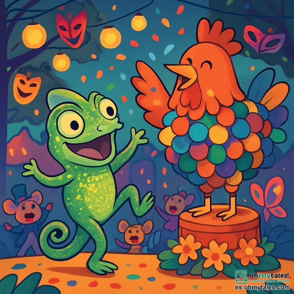 Un camaleón llamado Lino, con escamas verdes y doradas brillantes, está bailando alegremente en medio de una multitud de criaturas coloridas. Su rostro expresa emoción y curiosidad, con ojos chispeantes de felicidad. A su lado, un gran gallo llamado Don Pompón, cubierto de pompones multicolores, sonríe con benevolencia, lanzando confeti al aire. Tiene un aire sabio y divertido, de pie sobre un pequeño escenario decorado con flores. Al fondo, la plaza del carnaval está llena de faroles luminosos, máscaras coloridas colgadas de los árboles y criaturas danzantes como roedores disfrazados de magos y mariposas gigantes. La escena representa el momento en que Lino, rodeado de sus amigos, celebra la alegría del carnaval, en un ambiente festivo y mágico, con risas y colores vivos.