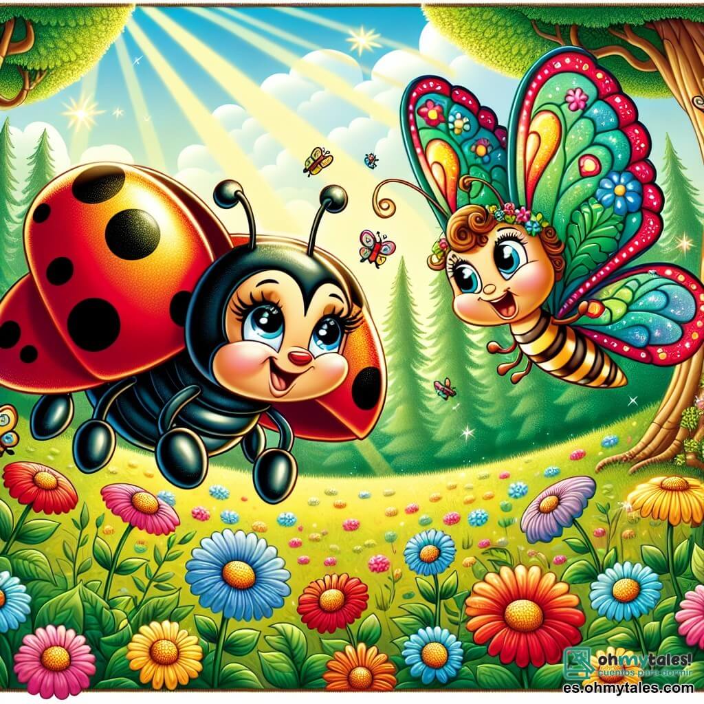 Ilustración que representa una mariquita de alas brillantes, adornadas con pequeños puntos negros, que vuela alegremente sobre un campo de flores coloridas. Tiene grandes ojos brillantes y una sonrisa contagiosa, mostrando su espíritu aventurero. Junto a ella, una mariposa de alas multicolores, con patrones delicados, expresa una ligera preocupación, sus antenas vibrando mientras busca su preciado collar de flores. Se encuentra justo debajo de la mariquita, levantando la cabeza con esperanza. El lugar principal es un claro soleado del bosque mágico, donde árboles majestuosos se alzan alrededor, sus hojas bailando al viento, y flores de todos los colores florecen, creando un cuadro vivo y encantador. La situación principal muestra a la mariquita y la mariposa en plena búsqueda del collar de flores perdido, rodeadas de la belleza natural del bosque, con un sentimiento de aventura y amistad palpable en el aire. Otros elementos gráficos incluyen rayos de sol filtrándose a través de las ramas, luciérnagas brillando en el cielo, y pequeños animales curiosos observando la escena, añadiendo un toque de magia a la ilustración.