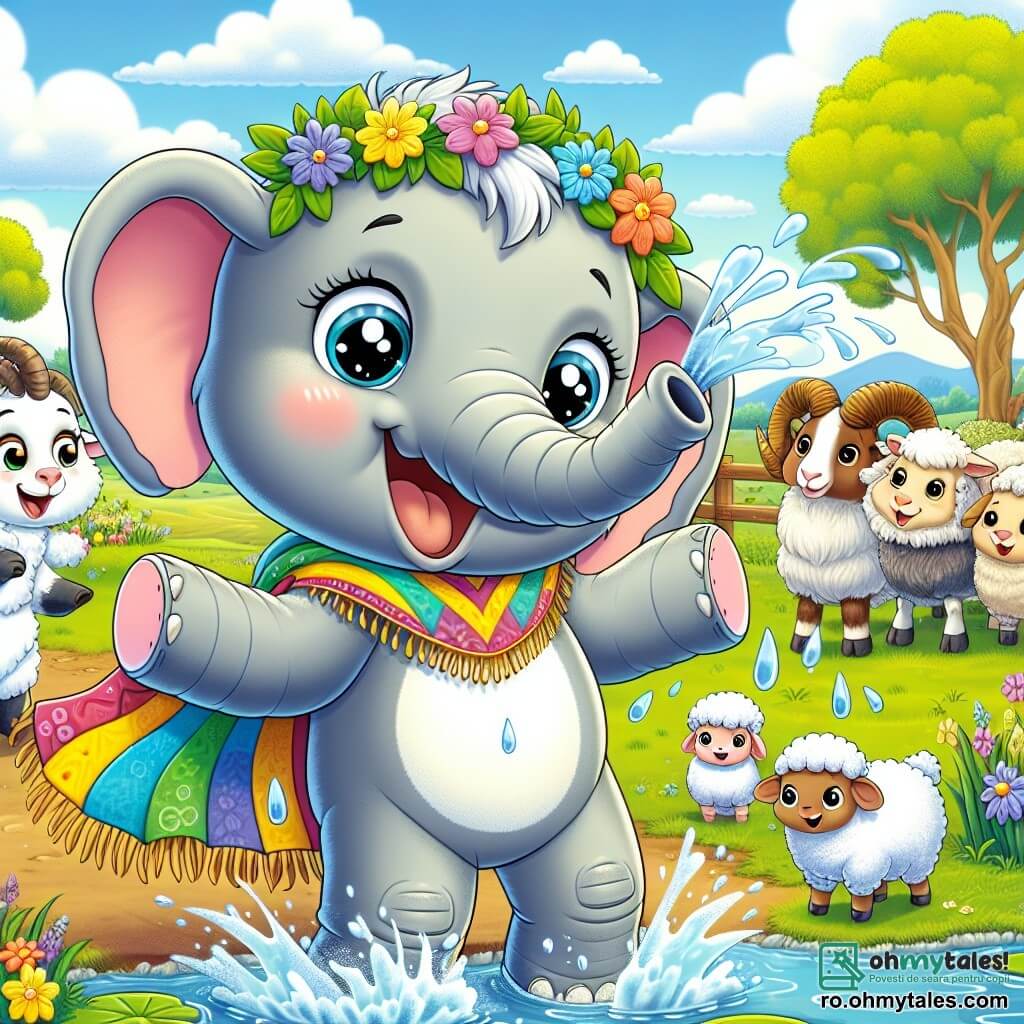 Un elefant vesel numit Emil, cu piele gri și urechi mari, stă în centrul scenei, stropind apă dintr-un iaz cu un zâmbet mare pe față. Poartă o pelerină colorată din frunze, iar privirea sa strălucitoare arată entuziasmul pentru aventură. La dreapta sa, o mică oaie albă numită Oana, cu ochi curioși și lână pufoasă, îl privește pe Emil râzând, purtând o coroană de flori pe cap. La stânga, un berbec numit Beni, cu coarne mărețe și o expresie amuzată, aplaudă stând pe picioarele din spate, pregătit să-și încurajeze prietenul. Decorul este o fermă însorită, cu câmpuri verzi, copaci înfloriți și un iaz strălucitor unde nufărul plutește liniștit. În fundal, alte animale adunate, precum iepuri și păsări colorate, adaugă viață scenei. Situația principală îl arată pe Emil sărind vesel în iaz, stropind toți prietenii săi, în timp ce un curcubeu se conturează în cerul albastru, simbolizând bucuria și prietenia din această aventură amuzantă.