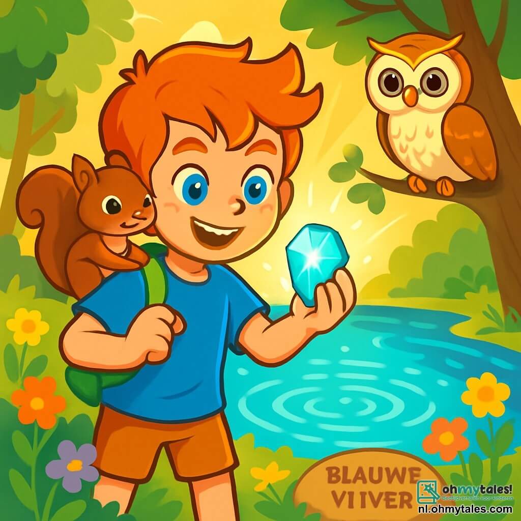 Een jonge jongen genaamd Finn, ongeveer 10 jaar oud, met stralend rood haar en fonkelende ogen als saffieren, staat aan de oever van een prachtige Blauwe Vijver. Hij heeft een uitdrukking van vastberadenheid en vreugde, terwijl hij een sprankelende magische steen in zijn hand houdt. Naast hem klimt Sproetje, een ondeugende eekhoorn met bruin vacht en een pluizige staart, op zijn schouder en kijkt nieuwsgierig naar de steen. Oele, een wijze uil van ongeveer 5 jaar oud met witte en gouden veren, zit op een tak en observeert de scène aandachtig. De plek is verlicht door gouden stralen, met kleurrijke bloemen langs de oever van de vijver, en zonnestralen die door de bladeren van de bomen filteren, wat een betoverende sfeer creëert. Finn is klaar om de magie van de vijver te herstellen door de steen in het water te plaatsen, omringd door zijn dierenvrienden, die allemaal benieuwd zijn naar het resultaat van zijn dappere daad.