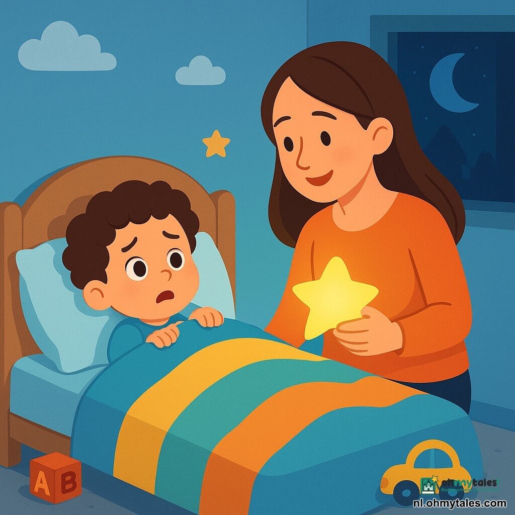 Een jongetje van 2 jaar, met krullend haar en heldere ogen, ligt in zijn bed. Zijn gezicht toont een lichte angst, met gefronste wenkbrauwen en een mond in de vorm van een klein "o". Hij is bedekt met een zachte, kleurrijke deken en kijkt nieuwsgierig om zich heen. Naast hem zit zijn mama, een vrouw van rond de dertig met lang, steil haar, die hem teder toeknipoogt terwijl ze een stervormige nachtlamp vasthoudt die de kamer zacht verlicht. De kamer is klein en warm, met pastelblauwe muren, wolkenstickers en speelgoed dat verspreid op de vloer ligt. Een raam laat een zachte gloed van maanlicht binnen, waardoor er zachte schaduwen ontstaan. Het belangrijkste moment toont het jongetje dat zich onder zijn deken nestelt en met grote ogen naar de schaduwen in de kamer kijkt, terwijl zijn mama zachtjes met hem praat om hem gerust te stellen.