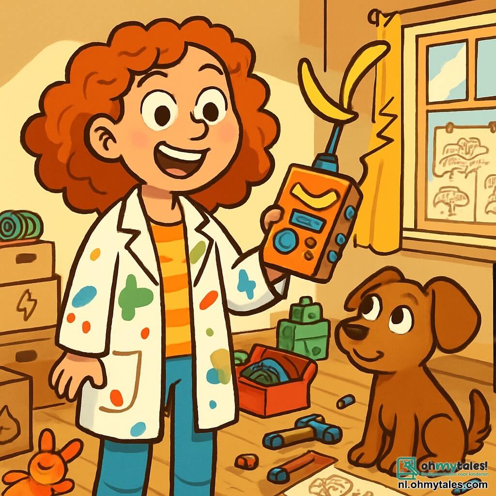 Jetje, een vrouw met krullend, rood haar, staat in haar rommelige kamer met glinsterende ogen van opwinding en een grote glimlach op haar gezicht. Ze draagt een laboratoriumjas vol verfspatten en houdt een vreemd apparaat vast met een banaanvormige antenne. Naast haar kijkt haar schattige hond Plof, met bruin haar en grote oren, nieuwsgierig naar Jetje's uitvinding. In een hoek van de kamer is een raam zichtbaar dat zonlicht binnenlaat, waardoor schetsen van haar uitvindingen aan de muur verlicht worden. De kamer is vol met verschillende gereedschappen, materialen en verspreide speelgoedjes, wat een chaotische maar creatieve sfeer creëert. Jetje test haar Spullenspotter 3000, een apparaat dat knipperende lichten en leuke geluiden maakt, terwijl ze probeert een verloren voorwerp te lokaliseren, met een vastberaden en enthousiaste uitdrukking op haar gezicht.