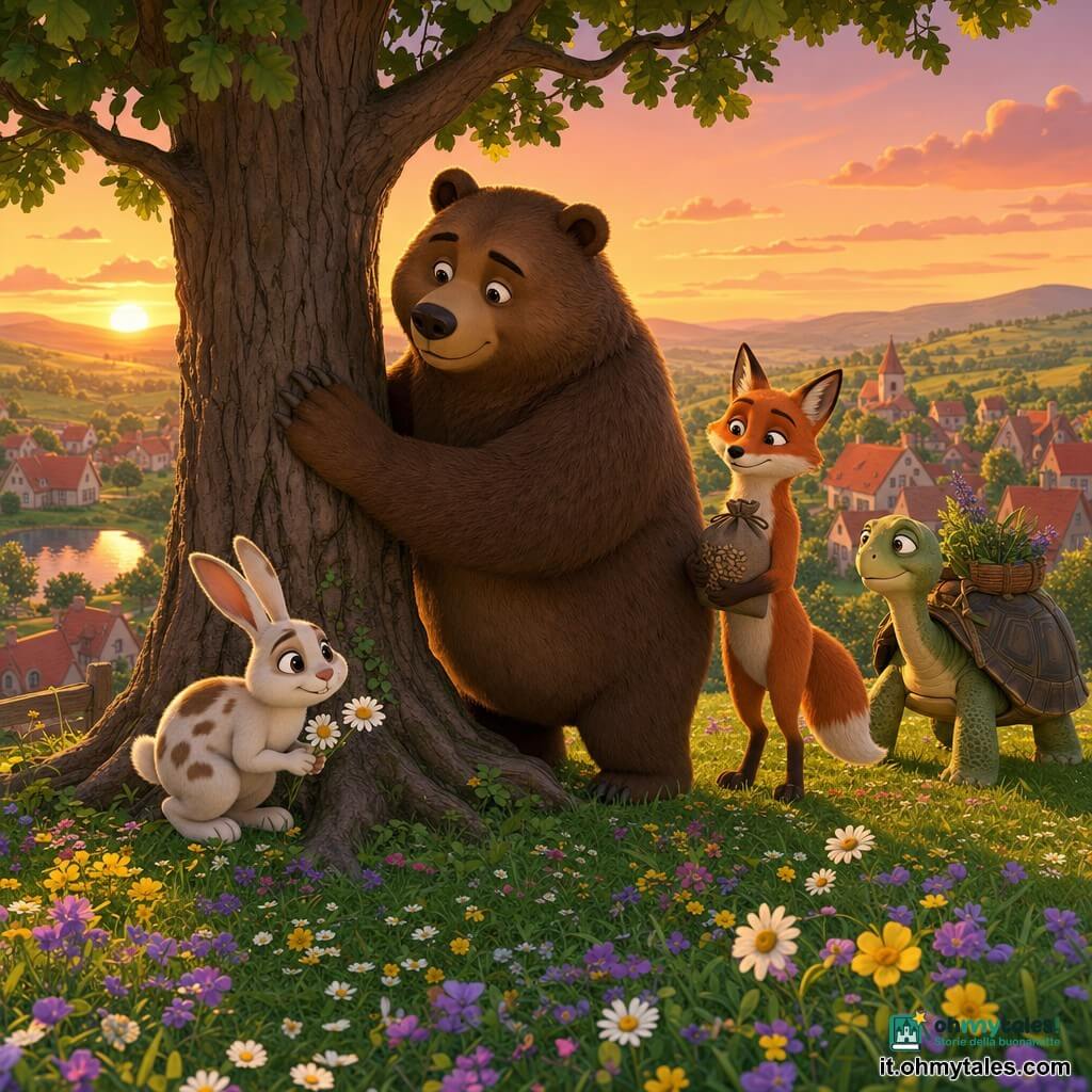 Un grande orso bruno dal pelo folto, viso rotondo e sguardo dolce posa la zampa sul tronco di una quercia; un coniglietto bianco macchiato di marrone, orecchie lunghe, tiene due margherite e sta a sinistra accovacciato vicino alle radici; una volpe rossa snella, sguardo vivace, è dietro a destra con un sacco di semi; una vecchia tartaruga dalla corazza verde-beige cammina lentamente portando erbe sul dorso; collina erbosa fiorita con stagno a sinistra e villaggio dai tetti rossi sotto un cielo al tramonto salmone; scena di amicizia e cura: i personaggi seminano e appoggiano le zampe sull'albero, luce crepuscolare morbida, ombre lunghe, colori caldi, atmosfera serena e ottimista.
