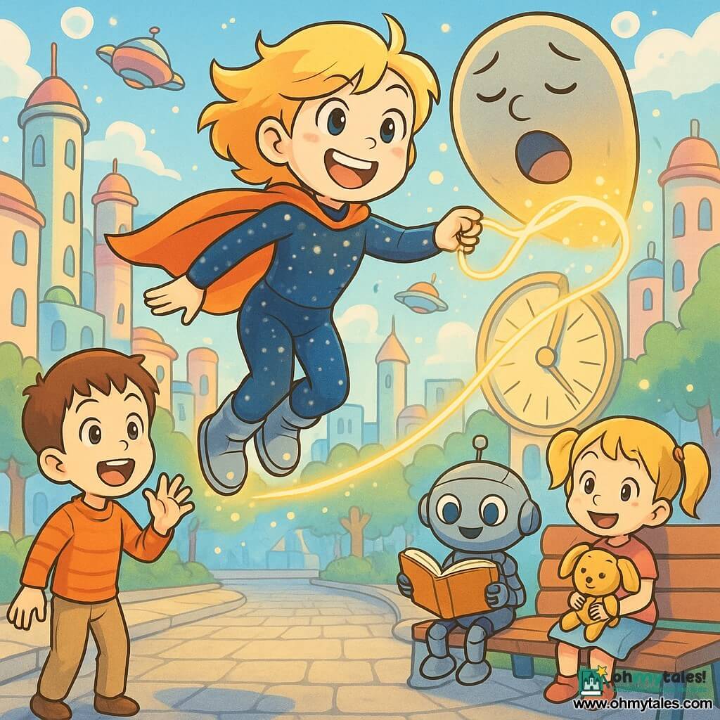 Nova Noodle is a joyful, determined woman with a brave smile, wearing a midnight-blue suit speckled like stars, a short bright-orange comet-tail cape and silver hover-step boots; she floats above the street, casting a soft luminous rope from her bracelet to gently secure it to a large yawning, sleeping wall-shield, reassuring the city. A 6-year-old brown-haired boy waves from a colorful sidewalk at left and a 4-year-old blonde pigtail girl holds a comforter and smiles on a bench at right near a round metal librarian robot with an open book. Sunny-Sky City shows pastel candy towers with rounded windows, small multicolored flying vehicles, floating light bubbles, shiny paved tiles and a large sundial; the scene is bright, safe and slightly magical.