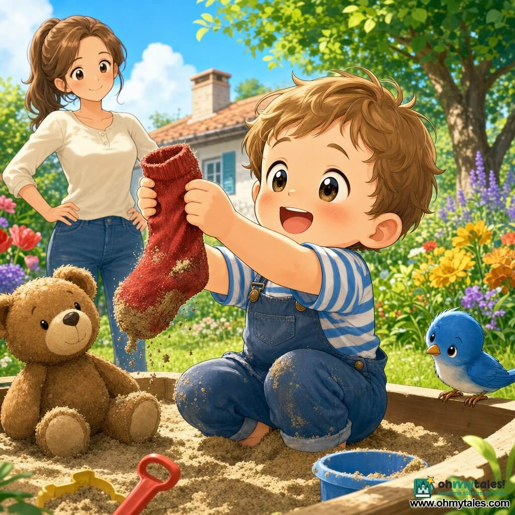 A 2-year-old boy with a round face and light brown tufted hair, bright round eyes and a delighted curious smile crouches in a sandbox holding a dusty red sock; an adult mother (~30) with long ponytailed hair stands behind him on the left, hands on hips and a gentle smile; a plush brown teddy sits beside the sandbox and a small bright blue bird perches on the right rim; sunlit garden with green grass, colorful flowers, a tree and a house with blue shutters in the background; main scene: joyful discovery — the boy holds the red sock like a treasure, morning light, soft manga-style colors and outlines.