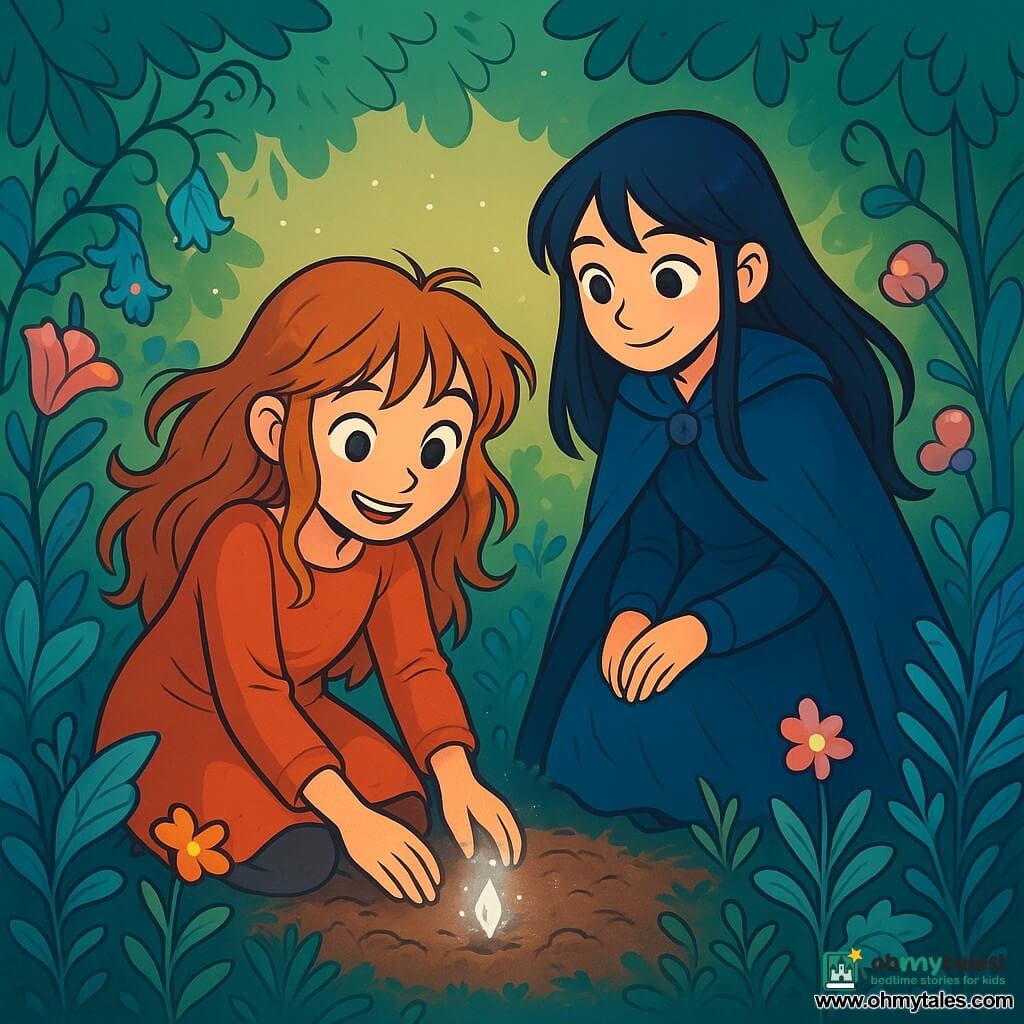 A twelve-year-old girl named Willow, an apprentice witch, stands in the center of an enchanted garden. She has messy, long copper hair, curious sparkling eyes, and a look of wonder on her face. Crouched down with her hands in the soil, she is planting a small glowing seed that radiates a soft silver light. Next to her, Mira, another girl of the same age with night-black hair and sparkling eyes, watches with a knowing smile. She wears a blue cape that gently floats around her, adding a touch of mystery to the scene. The garden is magical, filled with vividly colored and oddly shaped plants. Silver leaves and luminous flowers bloom around them, while vines whisper softly, creating a fairy-tale atmosphere. The scene captures Willow planting the seed, surrounded by the garden's magic, as a silver glow begins to emanate from the ground, promising a wonderful future.