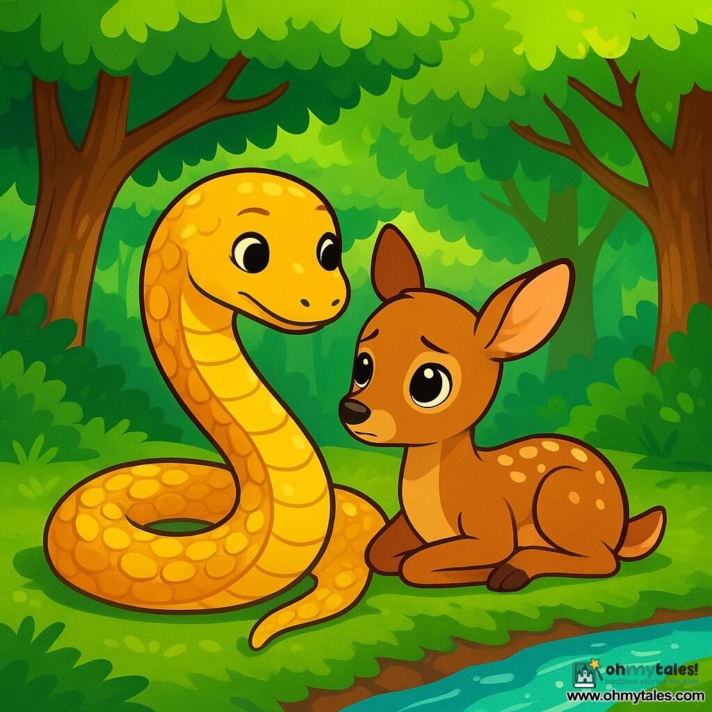A snake with scales shining like coins glides gently on a mossy path, wearing a soft yet determined expression. Beside it, a small fawn with tea-colored fur and large, worried eyes snuggles against the snake, seeking comfort. Their bodies are surrounded by a lush forest, where majestic trees with thick trunks and vibrant green leaves create a peaceful atmosphere. Sunlight filters through the branches, casting dancing shadows on the ground. The scene depicts the snake and fawn helping each other, with the snake offering its back as a bridge to cross a sparkling stream, symbolizing friendship and solidarity in a magical world.