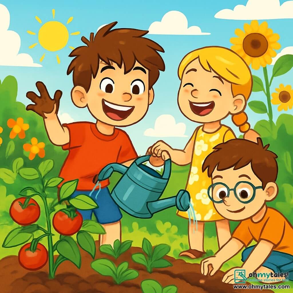 A 10-year-old boy, Sammy, with messy brown hair and a big beaming smile, waters tomato plants in a sunny garden. He wears a red t-shirt and blue shorts, with dirt on his hands, showing an expression of joy and excitement. Next to him, Mia, a 10-year-old girl with braided blonde hair and a floral dress, holds a watering can and laughs at Sammy. Leo, a 10-year-old boy with glasses and brown hair, crouches down planting seeds, focused and smiling. The garden is lush, filled with rows of green vegetables, colorful flowers, and tall sunflowers swaying gently in the breeze. The blue sky is dotted with fluffy white clouds, and the sun shines brightly, illuminating the scene with golden light. Sammy and his friends are surrounded by laughter and the sweet smell of freshly turned soil, sharing a moment of happiness and camaraderie while gardening.