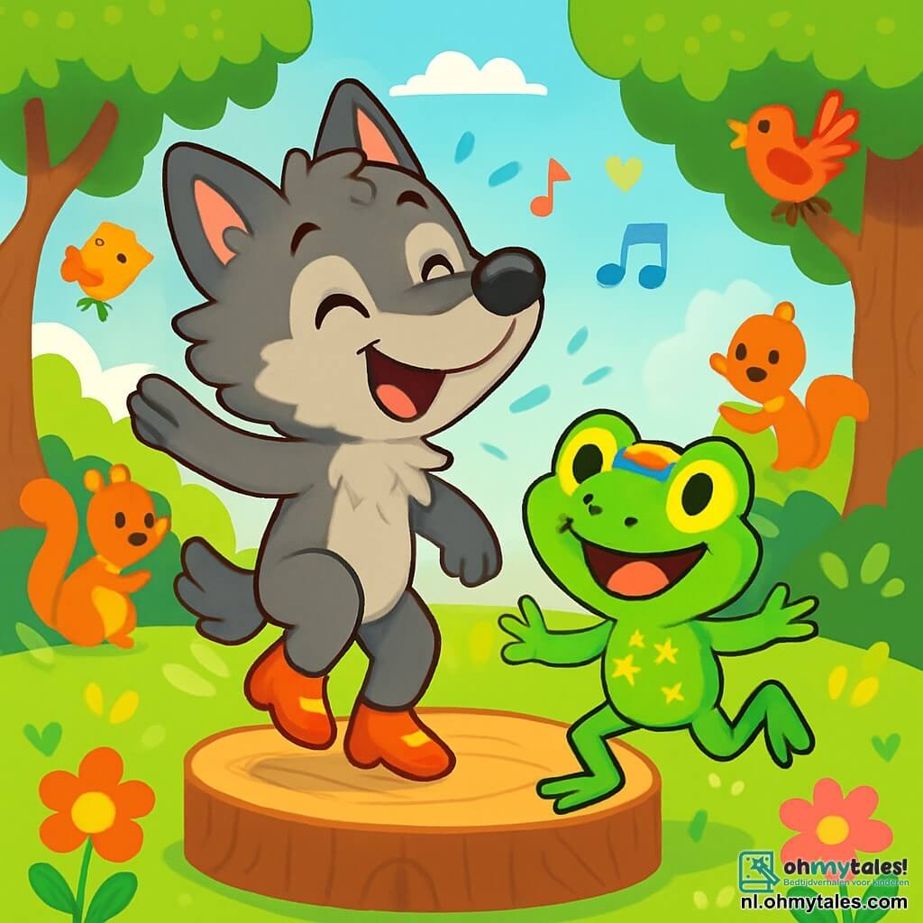 Een kleine wolf met sprankelende ogen en een zachte, grijze vacht danst vrolijk op een houten podium, met een grote glimlach op zijn gezicht. Hij draagt glanzende dansschoenen en zijn pluizige staart zwaait op de muziek. Naast hem springt een kleine groene kikker met fonkelende sterren op zijn rug, genaamd Kroko, enthousiast met een brede glimlach en energieke ronde ogen. Hij draagt een kleurrijke hoofdband en staat recht tegenover de wolf, klaar om aan te moedigen. De achtergrond is een zonnige open plek, omringd door majestueuze bomen met levendige bladeren en kleurrijke bloemen die in de wind dansen. Bosdieren, zoals eekhoorns en vogels, verzamelen zich rond het podium, applaudisserend en lachend, wat een feestelijke en blije sfeer creëert. De hoofdscène toont de wolf en Kroko die samen dansen, hun vriendschap en liefde voor dans vieren, terwijl de andere dieren hen aanmoedigen met vreugdekreten en applaus.