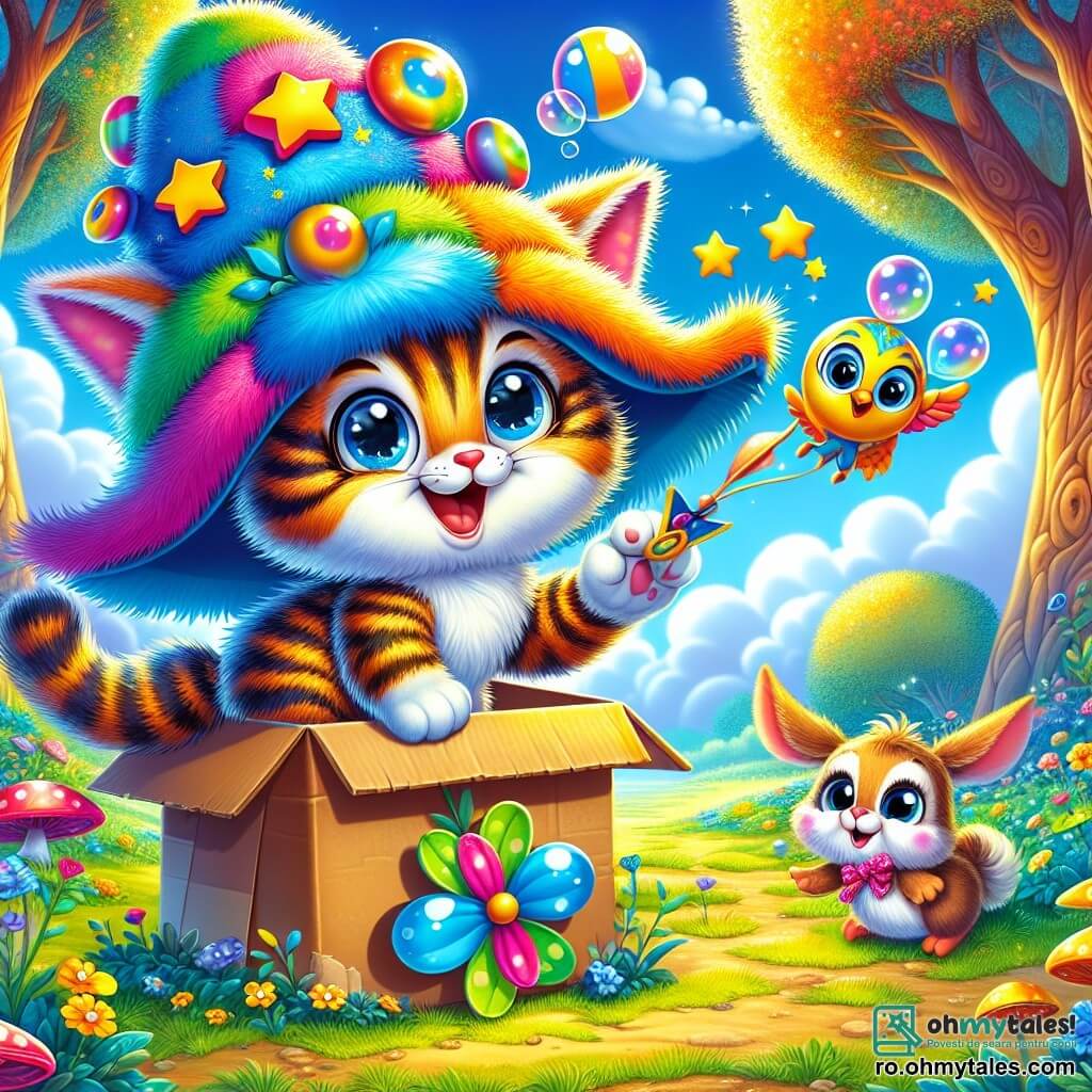 Un pisoi pe nume Miau, cu blană moale și dungi de culori vii, poartă o pălărie mare colorată, împodobită cu stele și bule. Are ochi strălucitori plini de emoție și un zâmbet larg pe față, stând într-o cutie de carton, pregătit să zboare. Lângă el, un iepuraș pe nume Tărcă, cu urechi mari și blană albă, privește cu curiozitate, ținând o mică elice făcută din frunze. O mică pasăre veselă, Păsărică, cu pene galbene și albastre, zboară în jurul lor cântând, adăugând la atmosfera festivă. Scena se desfășoară într-o poiană însorită a pădurii magice, înconjurată de copaci cu trunchi groși și frunze strălucitoare, unde cresc flori colorate. Cerul este de un albastru strălucitor, presărat cu nori pufoși. Miau, împreună cu prietenii săi, este pe cale să facă primul său zbor în mașina sa ciudată din carton și baloane, plini de entuziasm și anticipare, pregătindu-se să decoleze pentru o aventură de neuitat.