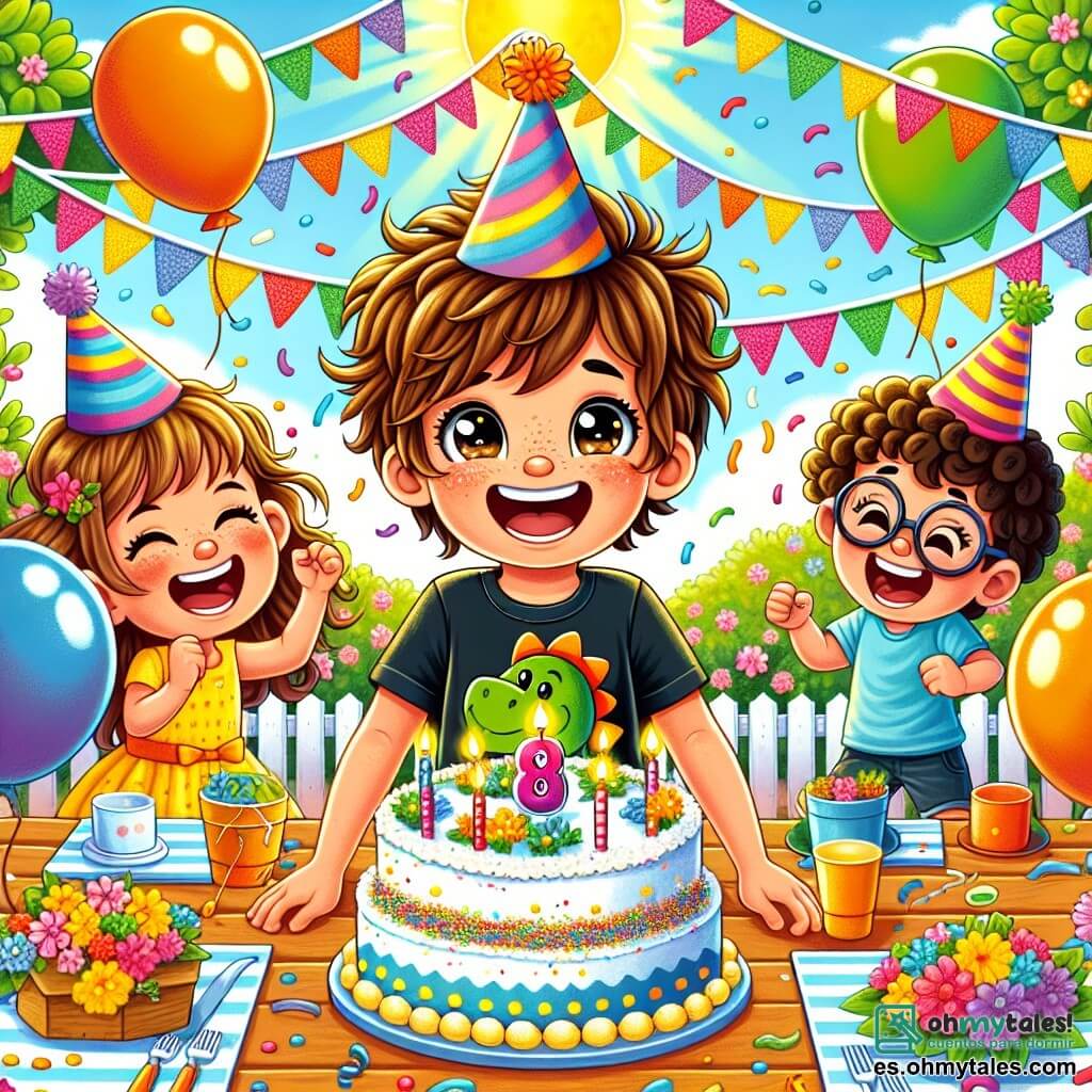 Un niño de 8 años, Lucas, con el cabello castaño desordenado y ojos brillantes de alegría, lleva una camiseta de dinosaurio y un sombrero de fiesta colorido. Sonríe ampliamente, sosteniendo un gran pastel de cumpleaños decorado con velas y purpurina, rodeado de sus amigos. Sofía, una niña de 8 años con cabello rizado y gafas, está al lado de Lucas, saltando de alegría con globos multicolores en las manos. Sus rostros expresan emoción y amistad. El fondo es un jardín soleado, lleno de flores brillantes, guirnaldas de papel y mesas decoradas con platos coloridos. Globos flotan en el aire, creando un ambiente festivo y alegre. La escena representa el momento en que Lucas sopla las velas de su pastel de cumpleaños, rodeado de sus amigos que cantan "Feliz Cumpleaños" con sonrisas radiantes, capturando el espíritu de la celebración y la amistad.