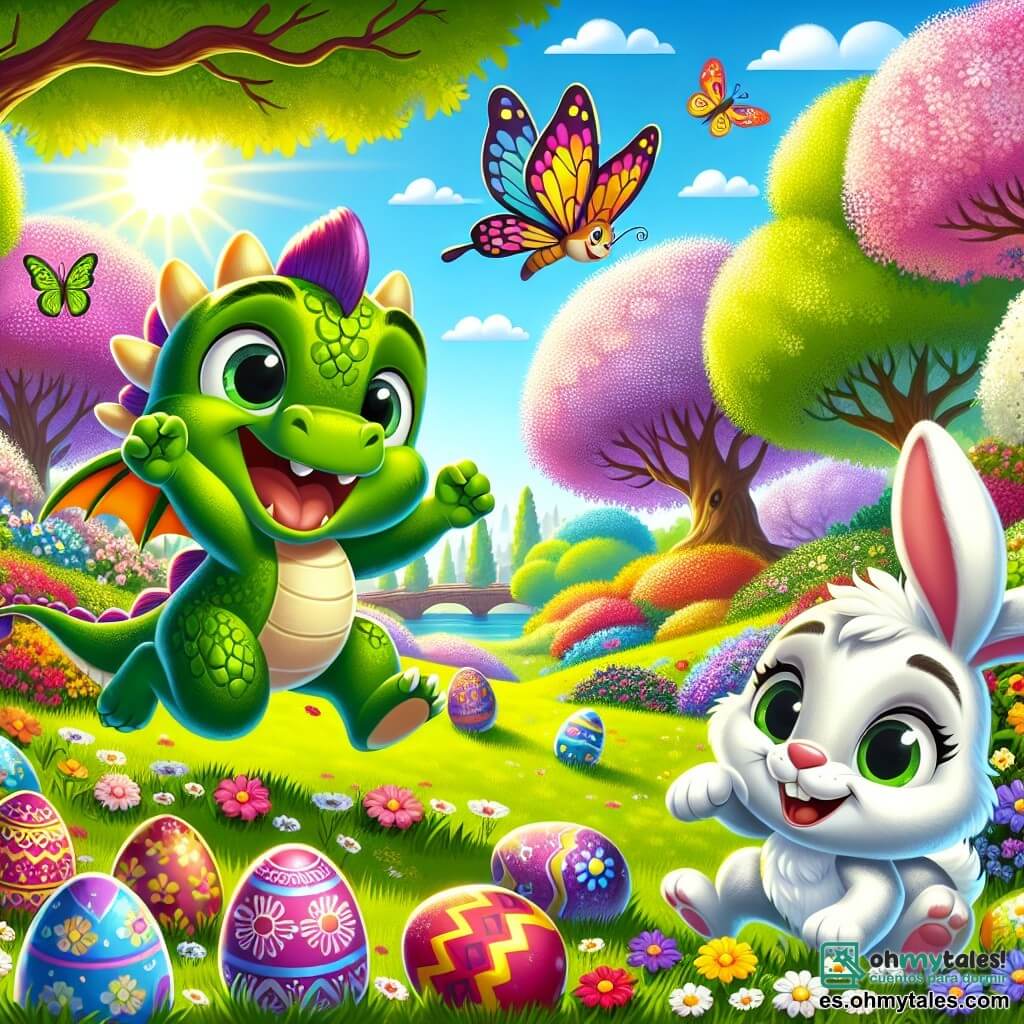 Un pequeño dragón llamado Tiko, con escamas brillantes de color verde y ojos chispeantes de alegría, está saltando de felicidad en un parque soleado, rodeado de flores coloridas y árboles en flor. Junto a él, Rocco, un pequeño conejo de grandes orejas y pelaje blanco, está hurgando en la hierba con un aire curioso y emocionado, buscando huevos de Pascua escondidos. Lila, una mariposa de alas multicolores, vuela alegremente sobre ellos, con ojos brillantes de entusiasmo mientras ayuda a encontrar los huevos. El parque está lleno de colores vivos, con huevos decorados escondidos entre las flores y árboles majestuosos que se extienden hacia el cielo azul. La escena es animada y alegre, capturando el espíritu festivo de la búsqueda de huevos de Pascua, con risas y una atmósfera de camaradería.