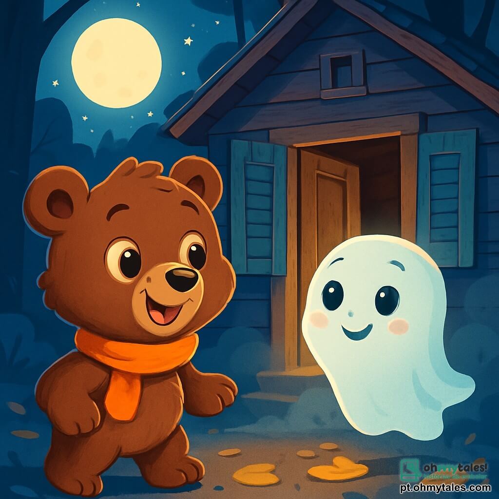 Um pequeno urso pardo, com pelagem suave e sedosa, usa um cachecol laranja vivo e exibe uma expressão de curiosidade misturada com excitação. Ele está diante de uma velha casa de madeira, com janelas desbotadas e a porta entreaberta, iluminada pela luz da lua. Ao seu lado, um pequeno fantasma translúcido, chamado Fredo, flutua timidamente. Ele tem olhos redondos e brilhantes, e seu rosto expressa uma doce nervosidade. Fredo olha para Bruno com um sorriso tímido, pronto para acompanhá-lo na aventura. A cena ocorre em uma floresta noturna, onde as árvores são altas e escuras, e folhas douradas cobrem o chão. A casa, cercada por uma leve névoa, emana uma atmosfera misteriosa, mas acolhedora. Bruno e Fredo estão diante da porta, prontos para entrar, enquanto estrelas cintilam no céu. A situação principal mostra Bruno, com o coração acelerado, pronto para descobrir os segredos da casa, enquanto Fredo o encoraja com um sorriso amigável.