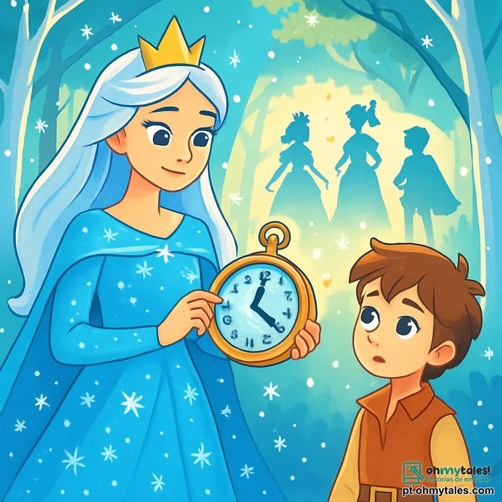 A Rainha da Neve, uma mulher majestosa com longos cabelos prateados, veste um vestido cintilante de azul gelado, adornado com cristais de gelo que brilham como estrelas. Seu rosto expressa uma doce determinação, com olhos de um azul profundo que refletem a magia da floresta. Ela está no centro da cena, segurando um antigo relógio mágico, cercada por flocos de neve que caem suavemente ao seu redor. Ao seu lado, um jovem príncipe, de cerca de 12 anos, com cabelos castanhos bagunçados e roupas simples, a observa com admiração. A cena se passa em uma floresta encantada, onde grandes árvores de troncos prateados se erguem em direção ao céu, com folhas brilhando como diamantes ao sol. Raios de luz filtram-se através dos galhos, criando sombras dançantes no chão coberto de neve. A situação principal mostra a Rainha da Neve girando o mostrador do relógio mágico, enquanto histórias antigas ganham vida ao seu redor. Silhuetas de princesas corajosas e príncipes respeitosos aparecem no ar, simbolizando a transformação dos contos de fadas tradicionais em narrativas de igualdade e aventura.