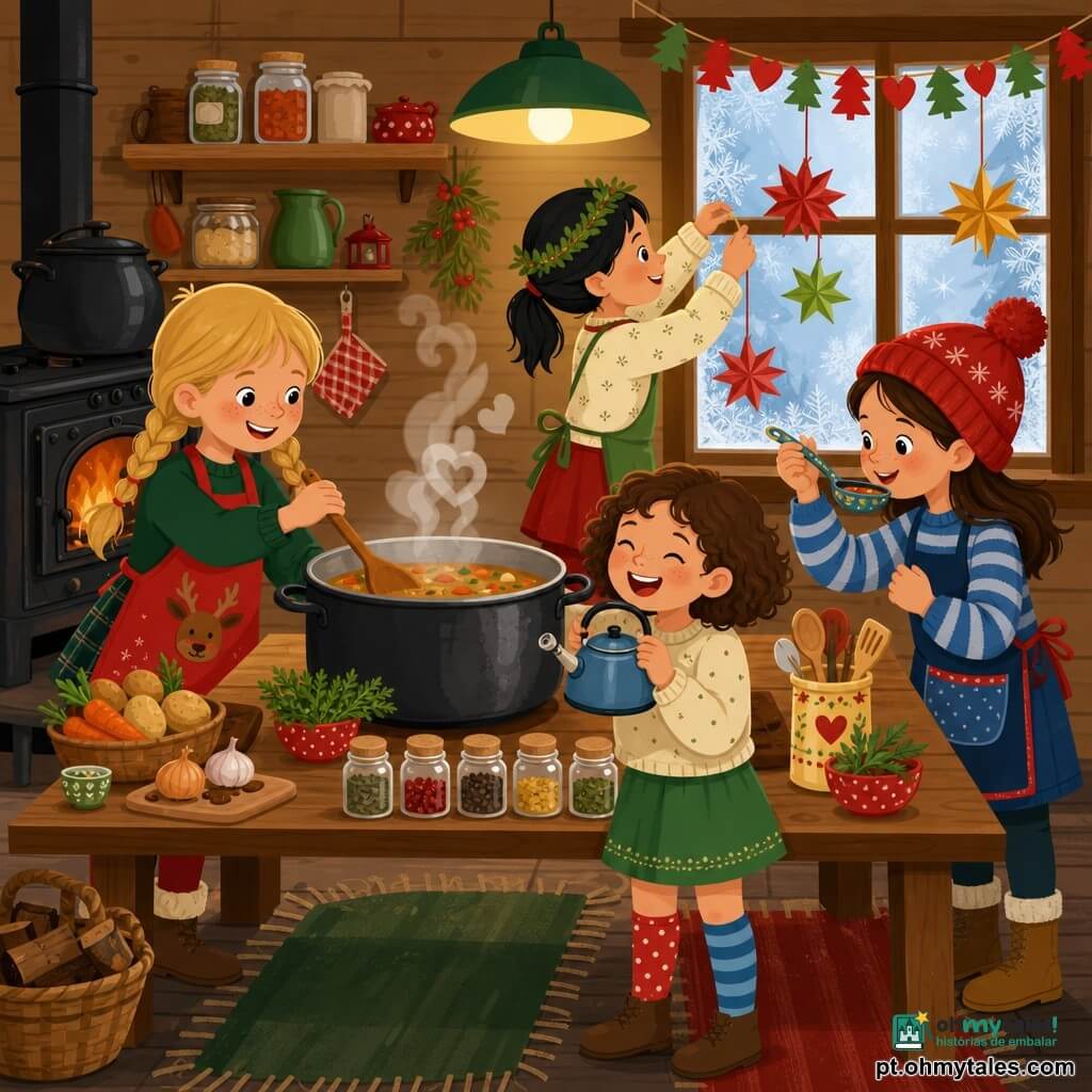 Quatro meninas de cerca de 7 anos preparam juntas uma sopa de Natal numa cozinha aconchegante de uma pequena casa de vila decorada para o Natal: Lila, loira de tranças, à esquerda mexe a sopa com uma colher de pau; Ana, morena com gorro vermelho, à direita prova com uma pequena concha; Bia, cabelo curto e encaracolado, à frente ri segurando uma pequena chaleira; Flor, cabelo preto apanhado, atrás pendura estrelas de papel na janela; há uma grande panela fumegante na mesa, guirlandas, frascos de especiarias e utensílios coloridos, luz dourada e atmosfera alegre de partilha e amizade.