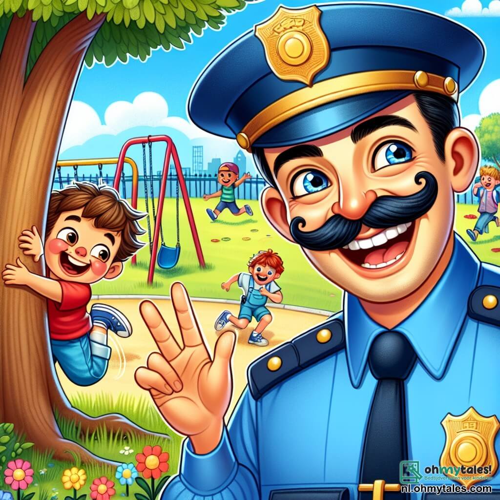 Een glimlachende politieagent, een man van ongeveer dertig jaar met een grote snor en een glanzend blauw uniform, staat in het midden van de afbeelding. Hij heeft sprankelende ogen van vreugde en een vriendelijke uitstraling terwijl hij speelt met een groep kinderen in een zonnig park. Onder de kinderen is er Timmy, een jongen van 7 jaar met rommelig bruin haar en een rode t-shirt, die luid lacht terwijl hij zich verstopt achter een grote boom. Hij speelt verstoppertje met de politieagent, zijn ogen stralen ondeugendheid uit. Het park is gevuld met kleurrijke bloemen, groene bomen en het gelach van kinderen. In de verte zijn er schommels en glijbanen te zien, terwijl de lucht helderblauw is met enkele donzige witte wolken. De hoofdsetting toont de politieagent en Timmy die volop verstoppertje spelen, de politieagent vrolijk tot tien tellend, terwijl Timmy zich met een grote glimlach verstopt, wat een sfeer van geluk en vriendschap creëert.
