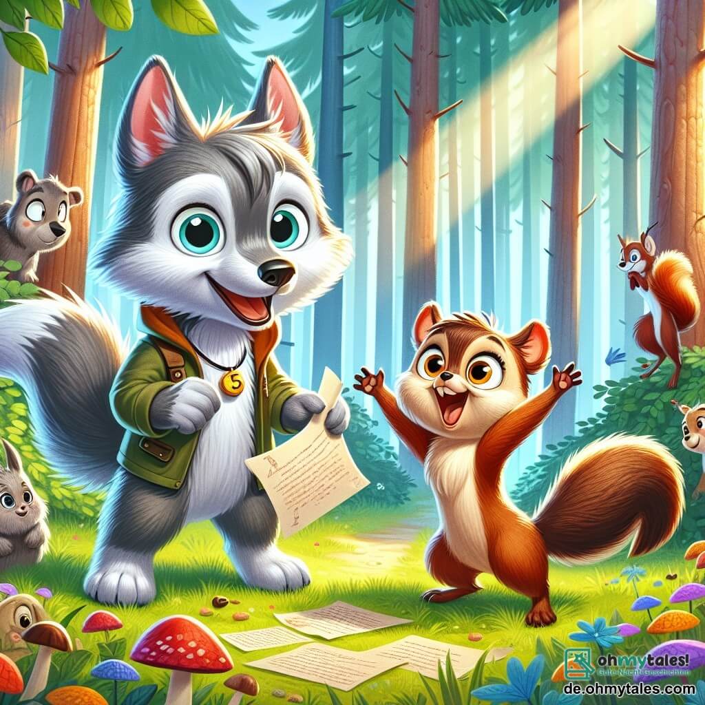 In der Mitte des Bildes schaut der kleine Wolf Linus mit seinem grauen Fell und seinen neugierigen Augen auf ein mysteriöses Stück Papier, voller Aufregung und Entschlossenheit. Er steht auf seinen Hinterbeinen, den Kopf leicht geneigt, bereit, ein neues Rätsel zu lösen. Neben ihm springt das Eichhörnchen Finja vor Freude, mit ihrem braunen Fell und dem buschigen Schwanz, ihre Augen funkeln vor Schalk. Sie hält ein kleines Stück Nuss in ihren Vorderpfoten und ist bereit, Linus bei seiner Untersuchung zu ermutigen. Im Hintergrund wird der große, grüne Wald von sanftem Morgenlicht durchflutet, mit Sonnenstrahlen, die durch die Blätter filtern. Bunte Blumen bedecken den Boden, und eine Gruppe neugieriger Tiere beobachtet die Szene und verleiht der Illustration Leben. Linus und Finja entdecken das geheimnisvolle Papier im großen Wald, umgeben von ihren tierischen Freunden, die alle von dem Geheimnis des Papiers fasziniert sind.
