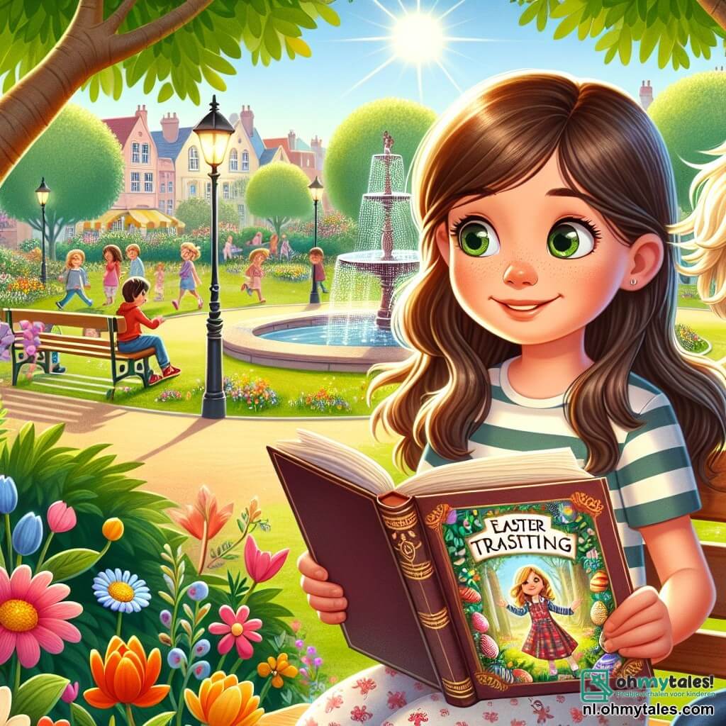 Een 10-jarig meisje, Lotte, met lange bruine haren en nieuwsgierige ogen, zit op een bank in een zonnig park. Ze glimlacht enthousiast terwijl ze een oud boek met kleurrijke pagina's vasthoudt, omringd door Paasdecoraties. Naast haar kijkt Max, haar beste vriend van 10 jaar met messy blond haar en een gestreept t-shirt, gefascineerd naar het boek, zijn ogen stralend van opwinding. Het park is vol met schitterende bloemen en groene bomen, met een mooie fontein in het midden en kinderen die op de achtergrond spelen. Lotte en Max ontdekken een mysterieus boek over Paastradities, klaar om op avontuur te gaan en een verborgen schat te vinden.