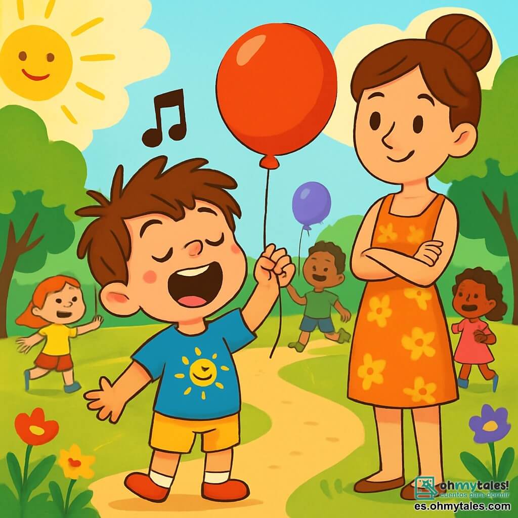 Un niño de 4 años, llamado Nico, con cabello castaño desordenado y grandes ojos brillantes de alegría, canta con entusiasmo mientras sostiene un globo rojo brillante que flota sobre su cabeza. Tiene una sonrisa radiante y mejillas sonrosadas, y lleva una camiseta azul con un dibujo de sol y un short amarillo. A su lado, su mamá, una mujer de unos 30 años con cabello castaño recogido en un moño, lo anima con una cálida sonrisa. Ella lleva un vestido ligero de flores y está un poco apartada, con los brazos cruzados, admirando a su hijo con orgullo. El lugar es un parque soleado, lleno de vegetación, con árboles de hojas brillantes y flores coloridas en los senderos. Niños juegan a su alrededor, algunos con globos de diferentes colores, mientras que otros ríen y bailan. La escena principal muestra a Nico cantando alegremente, tratando de mantener su globo en el aire, mientras los otros niños se detienen para escucharlo, cautivados por su melodía pegajosa. La atmósfera es festiva y llena de risas, con rayos de sol iluminando la escena.
