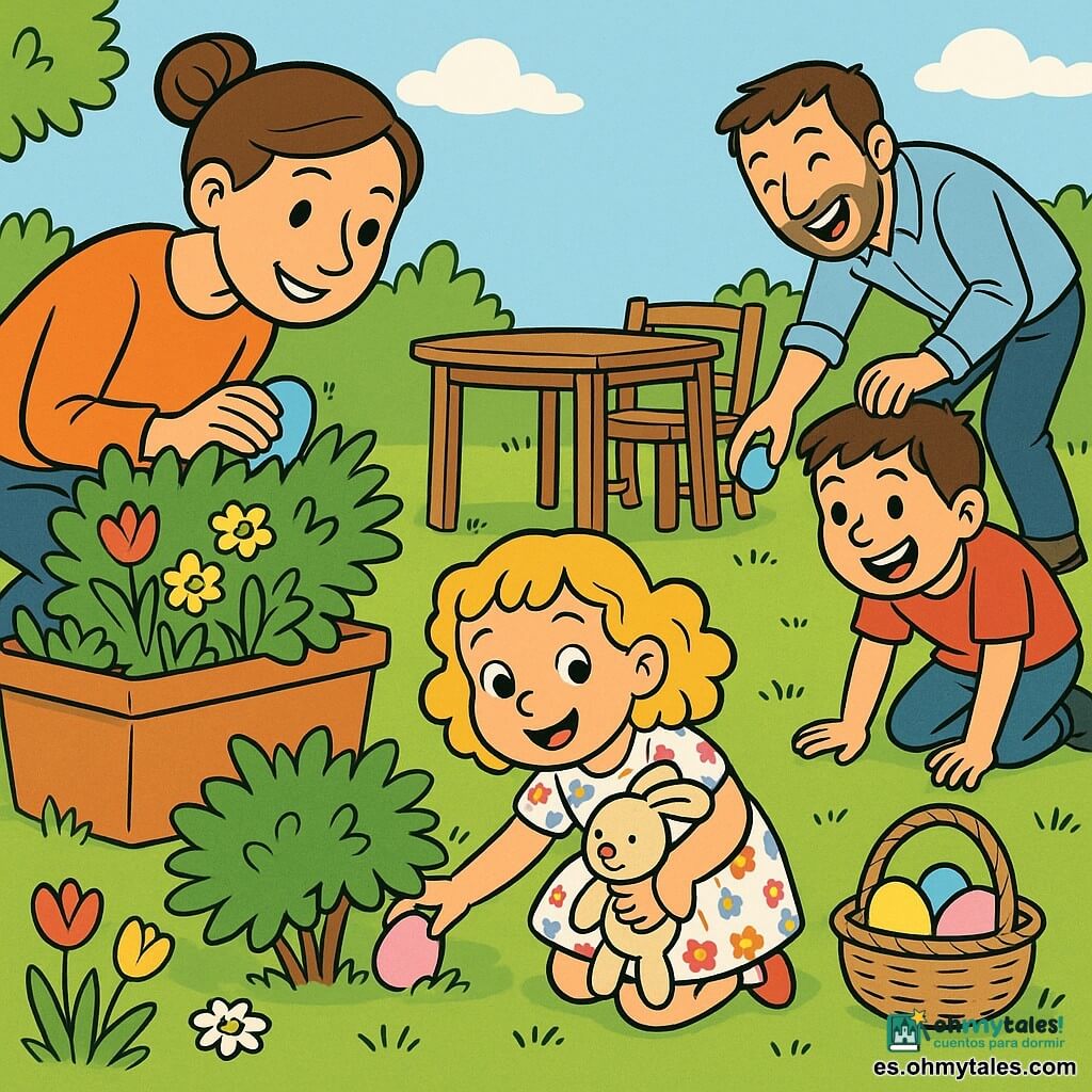Niña de 4 años, Elena, cabello rizado dorado, ojos grandes sonrientes, agachada escondiendo un huevo de Pascua rosa bajo un arbusto, vestida con vestido de flores y sosteniendo un conejito de peluche beige; a su izquierda, la madre, rostro dulce, cabello castaño recogido en moño, sonriente e inclinada mientras coloca un huevo azul detrás de una jardinera; al fondo a la derecha, el padre, con barba ligera, ríe inclinado buscando un huevo junto a una silla de jardín; un niño de unos 7 años, Lucas, pelo castaño corto, arrodillado junto al césped riendo y mirando bajo una mesa de madera; jardín soleado con césped verde, flores (tulipanes y margaritas), cielo azul, mesa y sillas de madera y una cesta de mimbre con huevos pastel sobre la hierba; escena de búsqueda de huevos alegre y luminosa en estilo cómic europeo con contornos nítidos, colores y ambiente primaveral mágico.