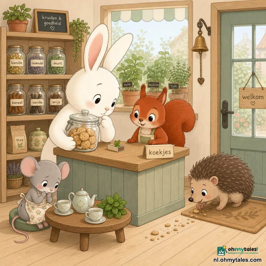 Bo, een grote witte konijn met zacht haar en lange oren, kijkt vriendelijk en houdt een glazen pot met kleine ronde koekjes vast terwijl een klein muntblaadje op een luciferdoosje ligt; Juna, een rood eekhoorntje, staat achter de houten toonbank met een hand bij een etiket "koekjes"; Miro, een bruine egel met afgeronde stekels, snuffelt naar kruimels bij de deurmat; Nila, een verlegen grijze muis in een bloement schort, zit bij een tuintafeltje met een theeservies en een kluitje munt; de warme, compacte buurtwinkel heeft houten planken, gelabelde kruidenpotten, een groot raam met buiten een kruidentoontje, een bel aan de deur en lichte vloerdelen; hoofdscène: een zachte, geruststellende onthulling — de detectivekonijn toont de teruggevonden pot terwijl vrienden zich rond de toonbank verzamelen, heldere, pastelkleurige sfeer met eenvoudige silhouetten en een gecentreerde compositie.