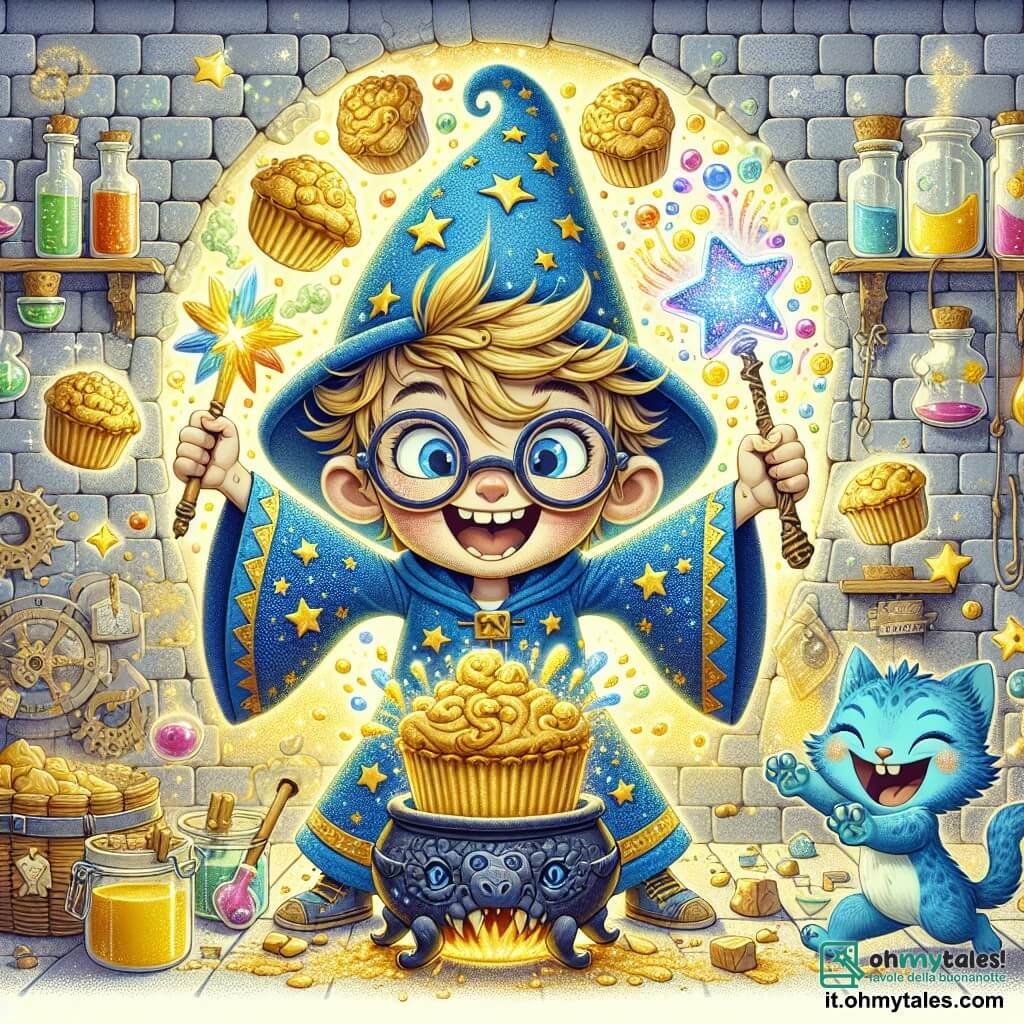 Al centro dell'immagine, un giovane ragazzo, Marco, un apprendista stregone di dieci anni, con capelli arruffati e occhiali troppo grandi, esprime grande gioia ed eccitazione. Indossa una veste da stregone blu decorata con stelle dorate e tiene in mano una brillante Bacchetta dell'Arcobaleno che scintilla di mille colori. Accanto a lui, il suo migliore amico, Micio, un gattino blu dagli occhi scintillanti, salta felicemente, con un pizzico di farina sul musetto, rendendolo ancora più carino e divertente. Il contesto è la cucina magica di un drago, con muri di pietra decorati con pozioni colorate e pentole ribollenti. Ingredienti volanti fluttuano attorno a loro, e muffin dorati escono da un forno a forma di drago. La scena principale mostra Marco e Micio intenti a preparare muffin magici per il drago, con risate e un'atmosfera gioiosa, mentre bolle di pozione fluttuano nell'aria, creando un'atmosfera incantevole e divertente.