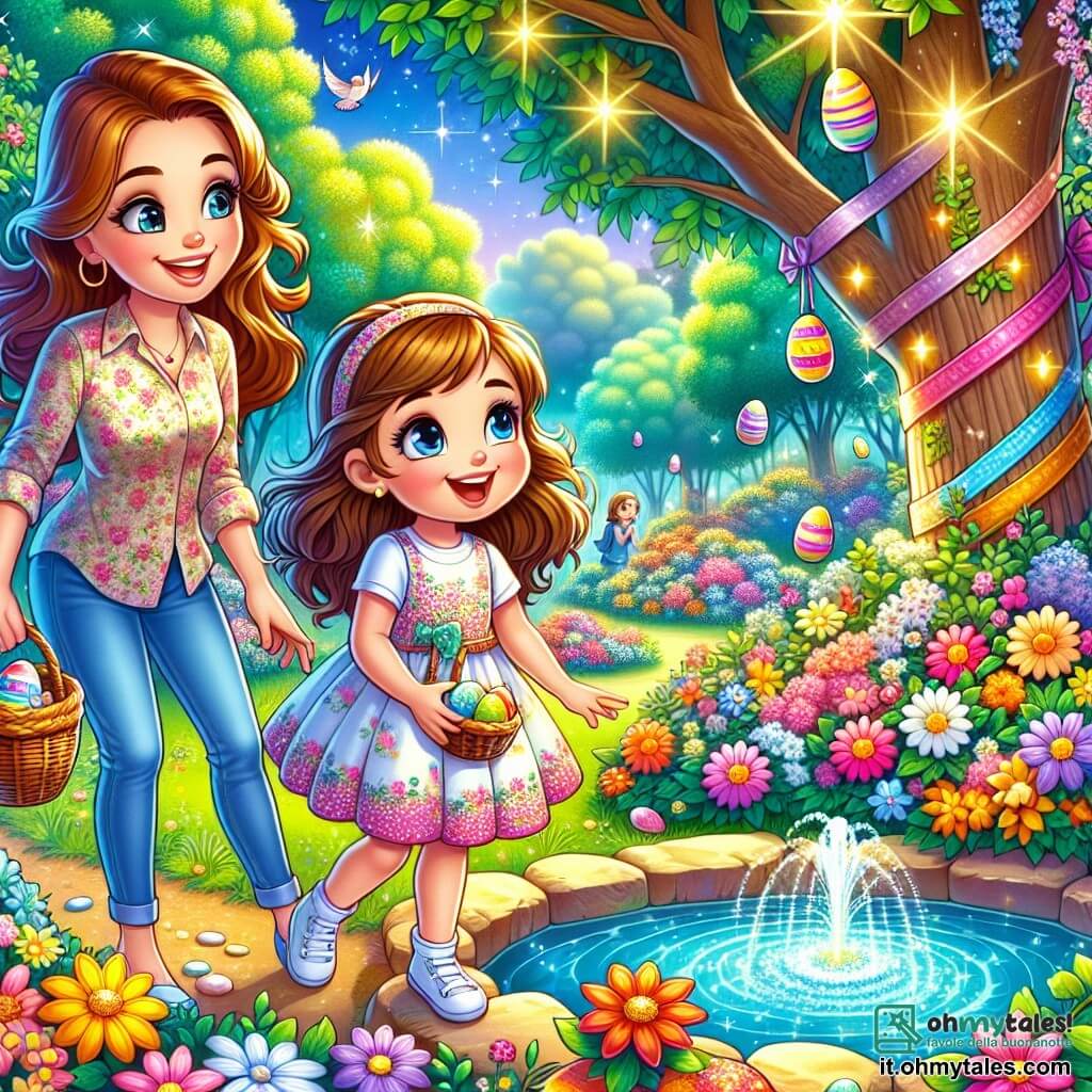 Una ragazza di 8 anni, di nome Martina, con lunghi capelli castani e occhi scintillanti di gioia, sta cercando uova colorate in un giardino fiorito. Indossa un vestito leggero a fiori e tiene un piccolo cesto di vimini tra le braccia, il suo viso irradia eccitazione e curiosità. Accanto a lei, sua madre, una donna di circa 35 anni con capelli castani raccolti in un chignon e un sorriso caloroso, la incoraggia mostrandole un posto dove si nascondono le uova. Indossa una blusa colorata e jeans, e si trova vicino a un albero decorato con nastri. Il giardino è incantevole, pieno di fiori dai colori vivaci, alberi verdi e una piccola fontana scintillante al centro, dove il sole brilla creando riflessi nell'acqua. La scena principale mostra Martina, piena di energia, che cerca con entusiasmo tra i fiori le uova di Pasqua nascoste, mentre sua madre la osserva con orgoglio e amore, creando un'atmosfera gioiosa e festosa.