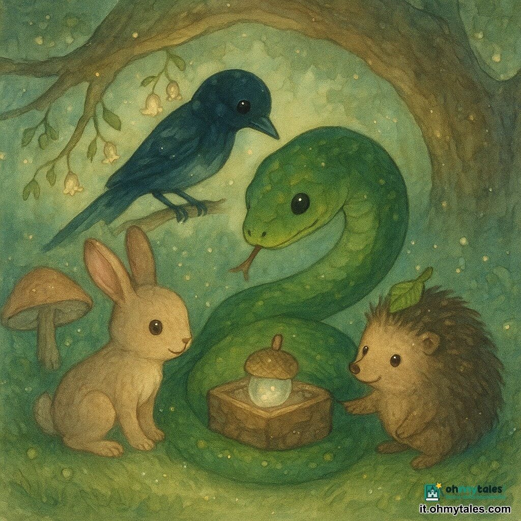 Un serpente verde scuro, lungo e sinuoso, occhi dolci, avvolto protettivamente intorno a una piccola scatola di corteccia che contiene una ghianda argentata che brilla debolmente; il serpente ha espressione benevola, scaglie delicate con leggere macchie gialle e lingua che fruscia; a sinistra la giovane lepretta Lina, piccola e agile, orecchie lunghe, pelo beige chiaro, inginocchiata e sorridente, guarda la scatola meravigliata; a destra il riccio tondo Nino, corpo bruno spinoso, con una foglia come cappello e una zampa sulla scatola, sorpreso e fiero; sopra, una gazza dal piumaggio nero-blu lucente su un ramo osserva curiosa; la radura nel bosco ha erba che scintilla, grandi funghi a ombrello, una radice che forma un riparo, piccole lucciole e fiori a campanella; il vento ha fatto rotolare la scatola e tutti si raccolgono teneramente per rimetterla sotto la radice e proteggere la ghianda luminosa.