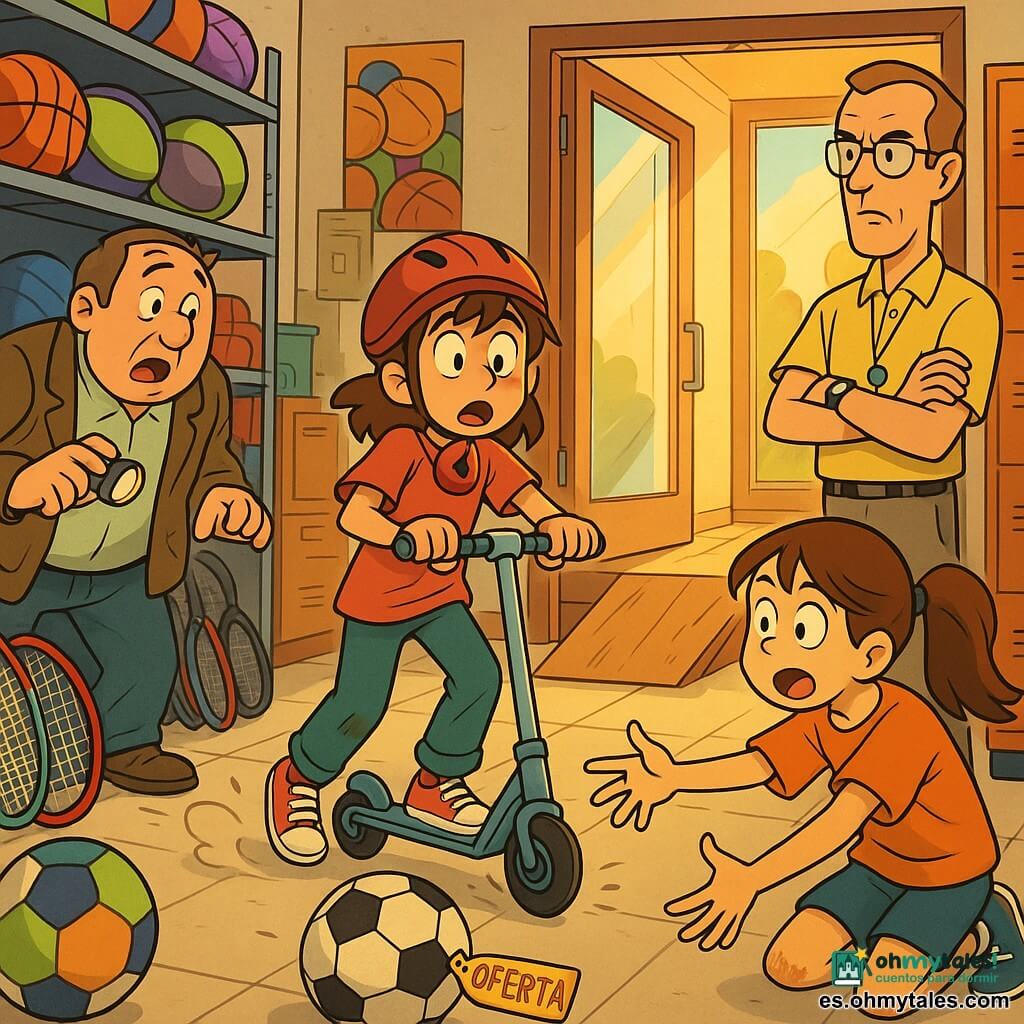Cuatro personajes: Vega, niña de 12 años, pelo corto castaño, casco de bici rojo colgando del cuello, ojos vivaces, sobre una pequeña patineta azul claro en el centro del pasillo frenando bruscamente con postura dramática; Luna, niña de 12 años, pelo largo castaño en coleta, camiseta grande con la inscripción "PREGUNTA AQUÍ", rodillas algo sucias, agachada delante de una rampa con los brazos abiertos para atrapar una pelota que rueda; Tomás, conserje de unos 40 años, de complexión redondeada, chaqueta gastada y canas, inclinado a la izquierda extendiendo una linterna con mirada sorprendida; señor Gálvez, entrenador de unos 50 años, alto, postura recta, gafas finas y silbato, a la derecha con los brazos cruzados o listo para correr y expresión seria pero amable. Interior de una pequeña tienda de deportes con pasillos estrechos, estantes metálicos llenos de balones y raquetas, casilleros de patinetas alineados, suelo cerámico claro y una rampa de madera hacia la puerta acristalada; luz cálida de tarde filtrándose por el escaparate. Escena dinámica y cómica: Vega prueba la patineta y frena ante la rampa, una pelota en oferta rueda hacia la salida, Luna se arrodilla como heroína para atraparla, Tomás se apresura y el señor Gálvez vigila, ambiente animado con gestos exagerados, risas, colores vivos y texturas visibles como el caucho de las ruedas y las etiquetas "OFERTA".