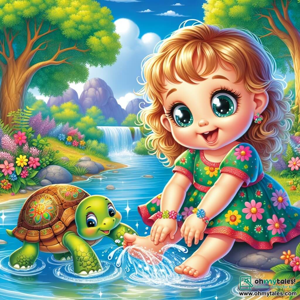 A 2-year-old girl with bright big eyes and curly golden hair joyfully plays by a sparkling river. She wears a colorful floral dress and splashes water with her little feet, displaying a radiant smile that shows her curiosity and joy. Beside her, a wise old turtle with a green shell adorned with golden patterns watches the girl kindly from a smooth rock, seemingly ready to share his wisdom. The setting is an enchanting landscape where the river winds between majestic trees with vibrant green leaves. The sky is a bright blue dotted with fluffy white clouds, while colorful flowers line the bank, adding a touch of magic to the scene. The main situation shows the girl playing in the water, splashing sparkling droplets around her, while the old turtle talks to her about the river and emotions, creating a joyful and philosophical learning moment.