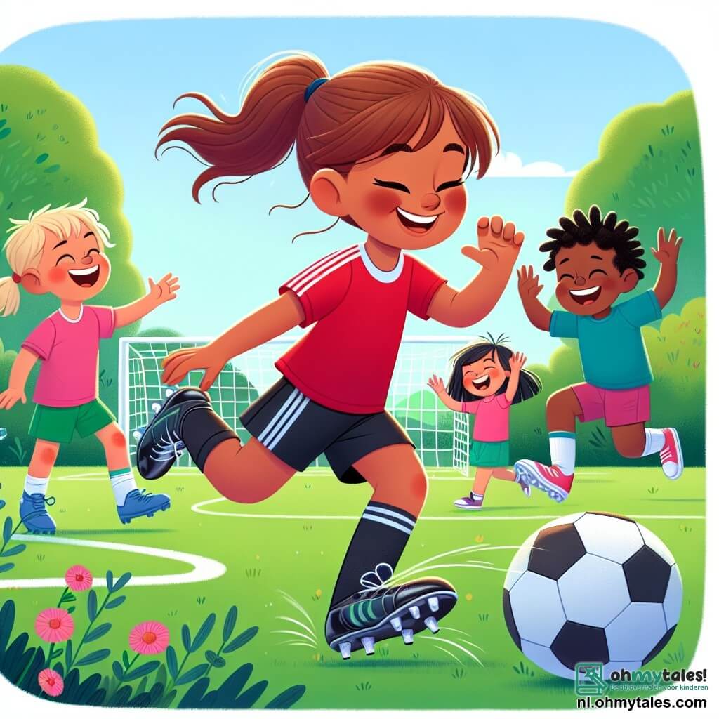 Lisa, een enthousiaste jonge voetballer van ongeveer 10 jaar, heeft bruin haar in een paardenstaart. Ze draagt een rood shirt en zwarte shorts, met glanzende voetbalschoenen. Ze glimlacht breed en is vol vreugde terwijl ze de bal over het veld dribbelt. In de buurt kijkt een 8-jarig jongetje met rommelig blond haar bewonderend toe. Hij draagt een blauwe t-shirt en groene shorts, en hij steekt zijn armen in de lucht, klaar om de bal te raken. Een ander personage, een 9-jarig meisje met zwarte vlechten, lacht terwijl ze naar Lisa rent. Ze draagt een roze shirt en witte sneakers, en ze lijkt ongeduldig om te spelen. De locatie is een groot groen voetbalveld, omringd door kleurrijke bomen en een stralende blauwe lucht. Wilde bloemen sieren de rand van het veld en voegen kleur toe aan de scène. De hoofdactie toont Lisa die de andere kinderen leert hoe ze de bal moeten dribbelen, met gelach en glimlachen, wat een vrolijke en vriendelijke sfeer creëert.