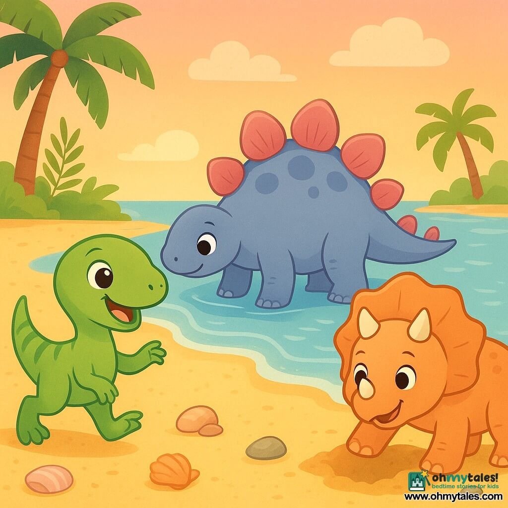 A small smiling joyful velociraptor, light green with thin darker stripes on its tail, big shiny round eyes and small soft claws, runs on the sand with arms raised, enthusiastic expression; a soft round stegosaurus, blue-gray with large rounded pink plates, wades with a front foot at the water’s edge, looking kindly at the velociraptor; an armored but friendly triceratops, peach-colored with rounded horns and a big smile, digs a small sand den next to the velociraptor to their right. Bright beach with golden sand, gentle translucent waves, colorful shells and smooth stones, palm trees and ferns in the background, pastel pink-orange sunset sky. Main scene: three dinosaur friends discovering a safe beach and playing together, serene joyful atmosphere, clear composition, simple shapes and bright contrasting colors suitable for toddlers.
