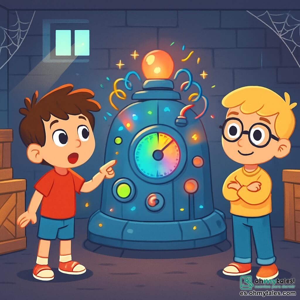 Hay 2 personajes principales: Lucas, un niño de 8 años con el cabello castaño alborotado, que lleva una camiseta roja y un pantalón corto azul, de pie con los ojos muy abiertos de asombro, señalando la máquina del tiempo; y Tomás, un niño de 7 años con cabello rubio y gafas redondas, vestido con un suéter amarillo y jeans, que está al lado de Lucas, con los brazos cruzados y una gran sonrisa curiosa. La escena tiene lugar en un sótano misterioso, lleno de viejas cajas de madera y telarañas. En el centro, una máquina del tiempo brilla con luces multicolores, rodeada de cables centelleantes y diales giratorios. Las paredes son de ladrillos grises y una pequeña ventana deja entrar un rayo de luz que ilumina la escena. La historia muestra a Lucas y Tomás descubriendo la máquina del tiempo, maravillados por sus luces brillantes y sonidos extraños, listos para embarcarse en una increíble aventura a través de las épocas.