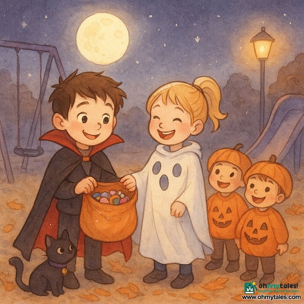 An 8-year-old boy with messy brown hair and mischievous round eyes wears a red vampire cape and simple costume, smiling as he holds an open bag of candy; beside him on a swing sits Ella, about 8, blond ponytail, in a playful ghost-sheet costume, laughing; three small children dressed as pumpkins (6–7 years) stand nearby watching; a black cat with a purple ribbon and jingling bell slips by the boy’s feet; the scene is a playground at dusk with metal swings, a rounded slide, piles of orange leaves, soft lamplight and a bright moon; main action: the boy sharing candy with Ella and the pumpkin kids, warm orange and purple palette, delicate watercolor textures and white highlights for moonlight and candy reflections.