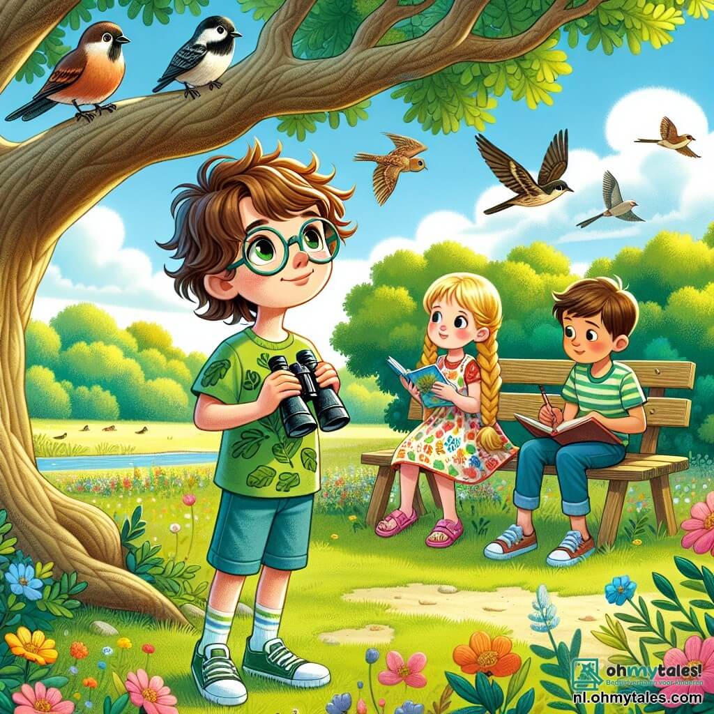 Een 12-jarige jongen, genaamd Max, staat onder een grote eik in een zonnig park, met een verwonderde glimlach op zijn gezicht. Hij heeft rommelig bruin haar, ronde bril en draagt een groene t-shirt met een bladerenmotief en een blauwe short. Hij houdt een verrekijker in zijn handen en observeert aandachtig de vogels in de takken. Naast hem maakt Emma, een 11-jarig meisje met lange blonde vlechten, aantekeningen in een klein notitieboekje. Ze draagt een kleurrijke bloemenjurk en sandalen. Iets verderop bekijkt Tom, een 12-jarige jongen met kastanjebruin haar en een bril, een boek over vogels terwijl hij op een houten bank zit. Het park is gevuld met kleurrijke bloemen, majestueuze bomen en een heldere blauwe lucht met witte, donzige wolken. Vogels zingen vrolijk en vlinders fladderen rond de bloemen. In deze scène genieten Max, Emma en Tom van een blije middag met het observeren van vogels en leren over de natuur, omringd door de stralende schoonheid van de lente.