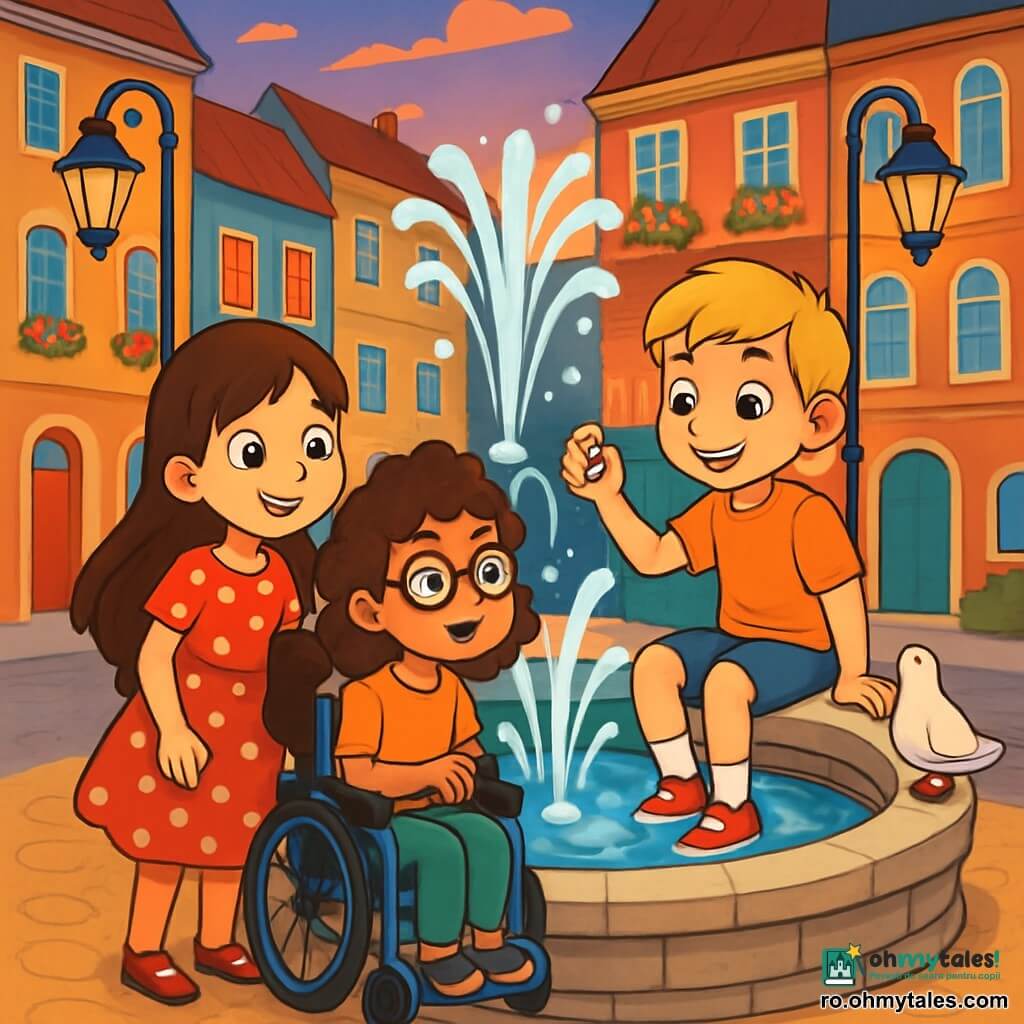 Există 3 personaje: - Mara: o fată de 10 ani, cu părul lung și brunet și ochi strălucitori. Poartă o rochie roșie cu buline albe și stă lângă fântână, privind cu curiozitate apa sclipitoare. - Andrei: un băiat de 11 ani, cu părul scurt și blond, cu un zâmbet jucăuș. Este așezat pe marginea fântânii, ținând în mână o piatră mică și strălucitoare, pregătit să o arunce în apă. - Daria: o fată de 9 ani, cu părul creț și ochelari rotunzi. Este în scaun cu rotile, chiar lângă Mara, observând cu atenție scena cu un aer gânditor. Locul unde se desfășoară situația principală este o piață animată dintr-un oraș, cu clădiri colorate cu fațade împodobite cu flori. În centru, o mare fântână din piatră, cu apa care țâșnește în stropi luminoși, reflectă culorile cerului la apus. Felinarele din fier forjat înconjoară piața, proiectând o lumină blândă și caldă. Situația principală a poveștii arată copiii descoperind un secret magic în apa fântânii, unde reflecții ale unei alte realități dansează pe suprafață, în timp ce o porumbel curioasă îi observă, pregătită să-i ghideze în aventura lor.