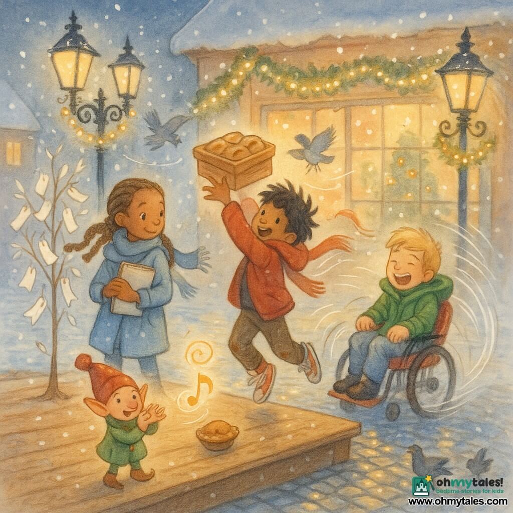 Four characters: Mira, 9, light chestnut hair in a braid, sky-blue coat, sketchbook under her arm, standing left fastening a paper figure to the town square's wish tree; Jonah, 9, tousled black hair, red jacket, muddy sneakers, center on tiptoe catching a rolling pie; Sam, 9, blond, green jacket, seated in a red scooter-chair at right, laughing as he spins with motion lines; Pip the elf, tiny (broom-size), bright green coat and red pompom hat, mischievous eyes, on the wooden stage clapping and tossing a visible golden musical spiral. Scene: snowy village square at night with wet cobbles, wrought-iron lampposts strung with lights, a decorated shop window and small wooden stage, a wish tree hung with paper figures fluttering. Main situation: joyful chaotic aftermath of a prank — flashing garlands, flying scarves, blurred pigeons, rolling pies — children laughing as they fix things while the surprised, happy elf experiences the warmth of being helped.