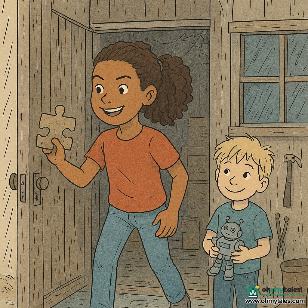 A triumphant 10-year-old girl with curly brown hair in a ponytail, a determined face and laughing eyes, holds a slightly muddy puzzle piece in her left hand while pushing open the creaky door of an old weathered garden shed with her right; her little brother Max, about 6, with tousled blond hair and a guilty but smiling expression, stands a step behind in the shadowed doorway holding a toy robot. The shed has rough wooden planks, a fogged window, stacked boxes, hanging tools and cobwebs, the floor wet with rain and puddles glinting in the fine afternoon drizzle, capturing a confident pose and a tender sibling moment as she finds the last puzzle piece.