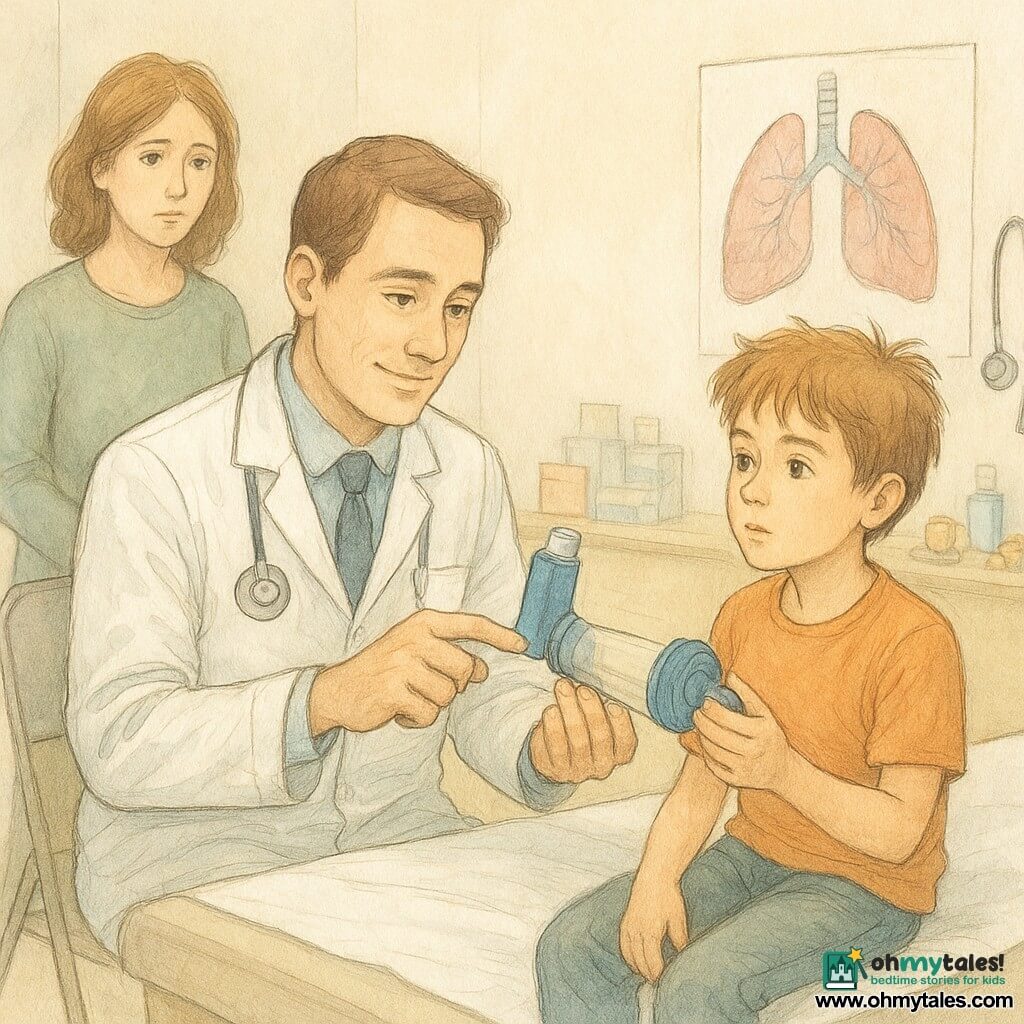 A kind-looking male doctor (35–40) with short light-brown hair sits on an exam table smiling slightly and calmly demonstrating an inhaler with a spacer in a precise, teaching gesture; an 8–10-year-old boy with tousled hair sits to the doctor’s right holding the spacer like a toy, watching intently and ready to imitate; the boy’s mother (30–40) stands slightly behind to the left, hands clasped, worried but reassured. The small consultation room has a light wall with a colorful lung poster, a stethoscope, a folding chair, an exam table covered in crumpled white paper, a small shelf with inhaler boxes and a few toys. Main focus: gentle, reassuring instruction with warm, bright pastel tones, paper and watercolor textures, composition centered on hands and exchanged looks between doctor and boy.