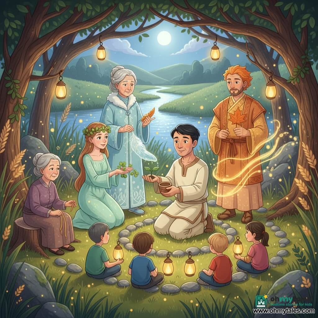 A gentle, slightly wrinkled man named Hiroto kneels in a grassy circle holding a small green shoot in his palm while pouring water from a bark cup; to his left stands Spring, a young slender woman with a crown of green buds and a mint dress, smiling and offering a clover-covered hand; to his right stands Summer, a golden-skinned, short-haired man in peach and gold who holds a fan and emits visible warm waves; behind Hiroto to the right is Autumn, a mature bearded man in amber and brown holding a maple-leaf paper with names, calm and reverent; behind him to the left is Winter, an elderly silver-haired woman in a pale blue coat embroidered with frost, delicately placing a jelly feather on the shoot; three mixed children around eight sit a short distance away in a circle, amazed, holding firefly lanterns and wearing colorful clothes, with an elderly village woman of about seventy seated on a nearby stump offering a woven ribbon; the setting is a small clearing beneath intertwined tree branches forming a natural canopy, tall grass lit by fireflies, mossy ground with smooth stones arranged in a circle, a shimmering river and soft hills in the background; the scene is a soft, magical nighttime ceremony where the four seasons gather around the sacred shoot under dim moonlight and strings of fireflies, with crisp textures and warm colors contrasted by cool blues, creating a mythical but benevolent atmosphere.
