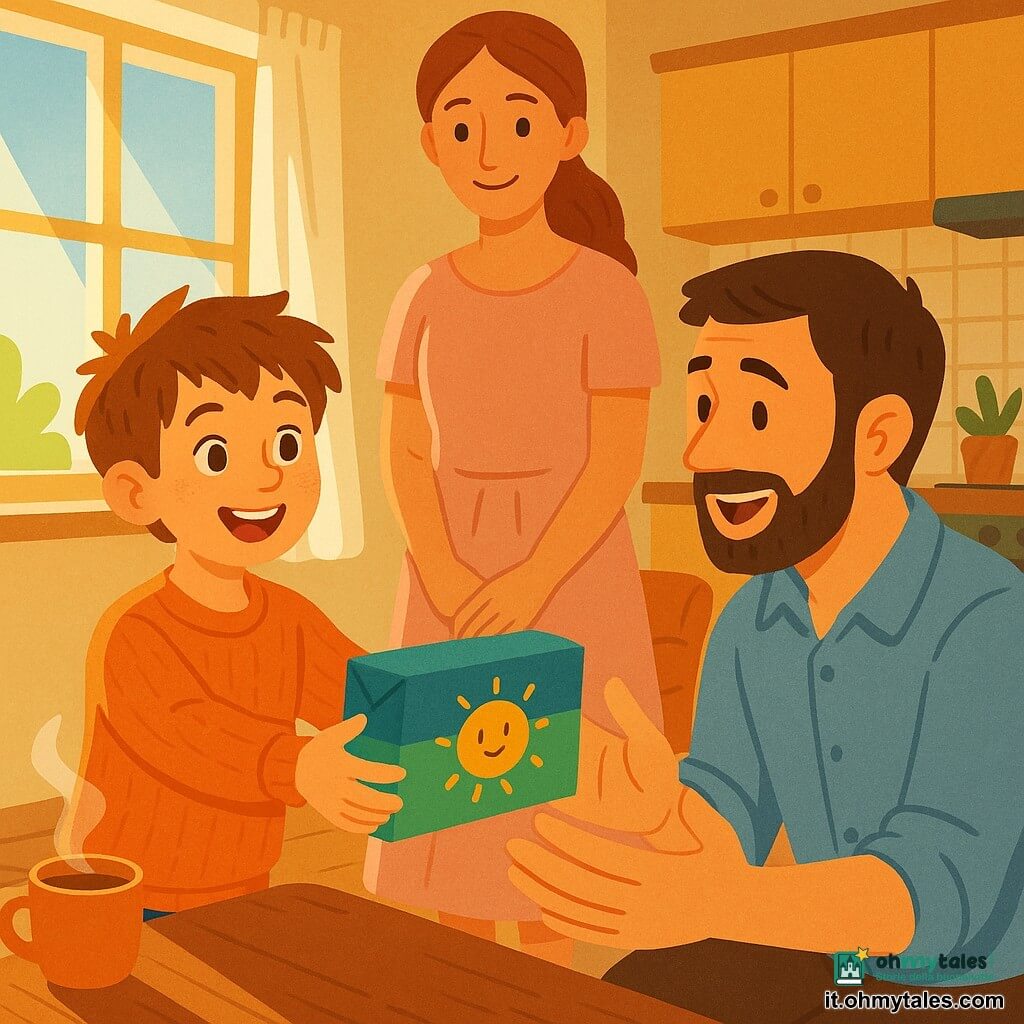 Ragazzo di 8 anni entusiasta e fiero, capelli castani corti e leggermente spettinati, occhi nocciola e guance paffute, tiene un portabicchiere di cartone blu e verde decorato con un sole sorridente e porge il regalo al padre con un largo sorriso; padre adulto con barba di qualche giorno e camicia azzurro chiaro, seduto vicino a un tavolino, lo riceve con sorpresa gioiosa; madre con capelli lunghi raccolti e vestito rosa pallido sta in piedi dietro il ragazzo vicino al tavolo della cucina, osserva la scena con orgoglio e sorriso tenero; ambientazione in cucina-soggiorno luminosa con pavimento in legno chiaro, tavolo in legno con una tazza di tè fumante, finestra con tende bianche e raggio di sole, cuscini colorati sul divano; momento caldo e intimo del ragazzo che offre il regalo fatto a mano al padre, gesti affettuosi e luce soffusa; stile: illustrazione vettoriale, colori vivaci e contrastati, tratti netti, texture piatte, atmosfera dolce e gioiosa.