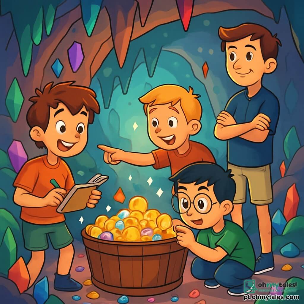 Há 4 crianças: - Miguel: um garoto de 10 anos, com cabelos castanhos bagunçados e olhos cheios de curiosidade. Ele segura um caderno em uma mão e um lápis na outra, pronto para desenhar o tesouro. - Lucas: um garoto de 11 anos, com cabelos loiros e pele levemente bronzeada. Ele veste uma camiseta vermelha e um short, e está apontando para um velho baú cheio de tesouros. - Pedro: um garoto de 10 anos, com óculos redondos e cabelos negros. Ele está agachado perto do baú, examinando uma moeda de ouro com admiração. - Tiago: um garoto de 12 anos, alto e magro, com cabelos castanhos e um sorriso travesso. Ele está em pé, com os braços cruzados, observando seus amigos com orgulho. A cena acontece em uma caverna misteriosa, com paredes brilhantes de cristais coloridos, estalactites pendendo do teto e uma luz suave filtrando por uma pequena abertura, iluminando o chão coberto de pedras preciosas. No centro da caverna, um grande baú de madeira antiga está cheio de moedas de ouro e joias brilhantes, criando um espetáculo deslumbrante. A situação principal mostra os quatro amigos descobrindo o tesouro escondido na caverna, cheios de excitação e admiração, cada um reagindo de forma diferente a essa incrível descoberta, enquanto sombras dançam ao redor, adicionando um toque de mistério à atmosfera.