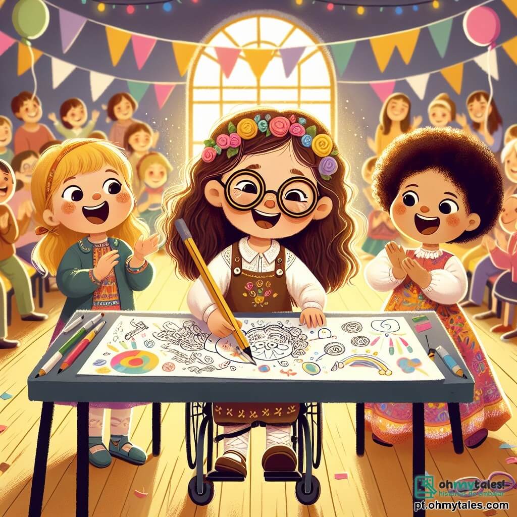 No centro da imagem, está **Ana**, uma menina de três anos com longos cabelos castanhos e óculos redondos, que desenha alegremente em uma grande folha de papel. À sua direita está **Sofia**, uma menina de três anos com cabelos loiros e cacheados, que canta entusiasticamente, com um grande sorriso no rosto. À esquerda, **Bia**, uma menina de três anos com cabelos castanhos e um lindo vestido colorido, está sentada em sua cadeira de rodas, aplaudindo suas amigas com estrelas nos olhos. O cenário é uma cena escolar decorada com balões coloridos e guirlandas de papel. Ao fundo, podem-se ver pais e crianças sentados em bancos, todos sorridentes e cativados pela apresentação das três amigas. A luz suave do sol ilumina a cena, criando uma atmosfera alegre e acolhedora. A situação principal mostra Ana, Sofia e Bia compartilhando um momento especial, onde expressam seu talento e amizade, ilustrando a autoconfiança e o apoio mútuo.