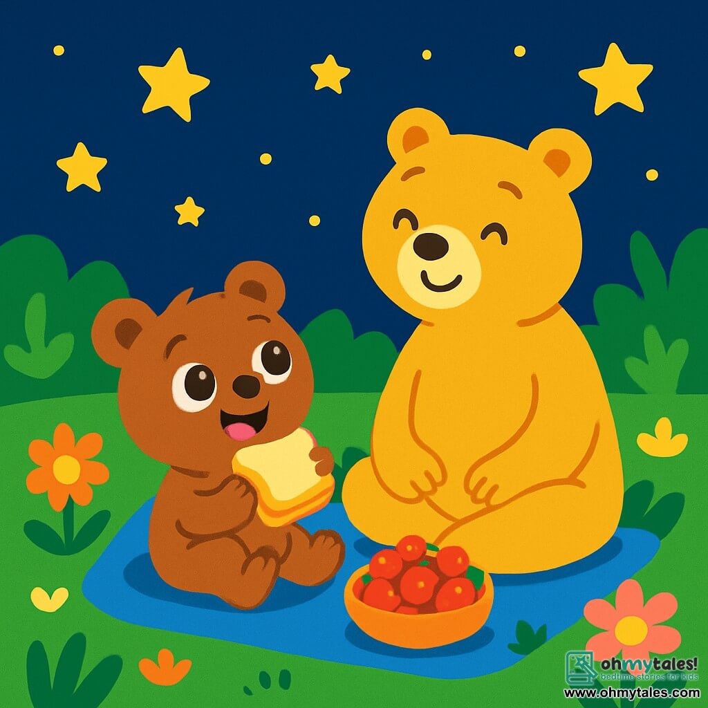 Benny the bear, a small brown bear with big bright eyes, is sitting on a soft blanket in his garden, smiling joyfully. He holds a honey sandwich in one paw and looks at the starry sky in wonder. Next to him, Mama Bear, a large bear with golden fur and gentle eyes, smiles tenderly, sharing a moment with her son. She sits cross-legged, surrounded by delicious red berries. The garden is filled with colorful flowers and lush greenery under a night sky dotted with sparkling stars. The scene depicts Benny and Mama Bear enjoying a picnic under the stars, creating a warm and magical atmosphere full of happiness and discovery.