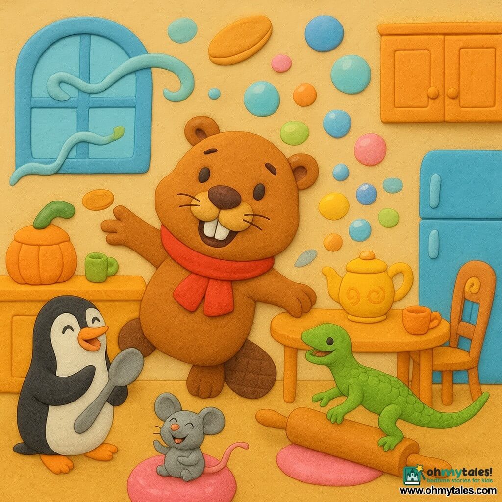 The main character is a young beaver, Benny, smiling and amazed with a big red scarf, white square teeth and twitching whiskers, pulling an invisible handle and leaning forward as if opening a window; Penny the penguin is joyful, small and round with smooth black-and-white plumage, holding a giant silver spoon and applauding to Benny’s left; Larry the lizard is sleek and mischievous with green shiny scales, sliding on a wooden rolling pin to Benny’s right and doing a small spin; Molly the mouse is tiny and giggling with soft grey fur, sitting on a huge pink gummy candy and clutching her belly laughing in front of the table; the kitchen is gigantic and colorful with toy-like carved wooden furniture, a huge pastel-blue fridge, a round pumpkin-like cookie jar, a table with very long legs and chairs topped with small accessories like a cup and rubber duck; an open invisible window brings a fragrant breeze, little pancakes bounce and rainbow bubbles float from a singing teapot, lifting a bubble hat onto Benny’s head.